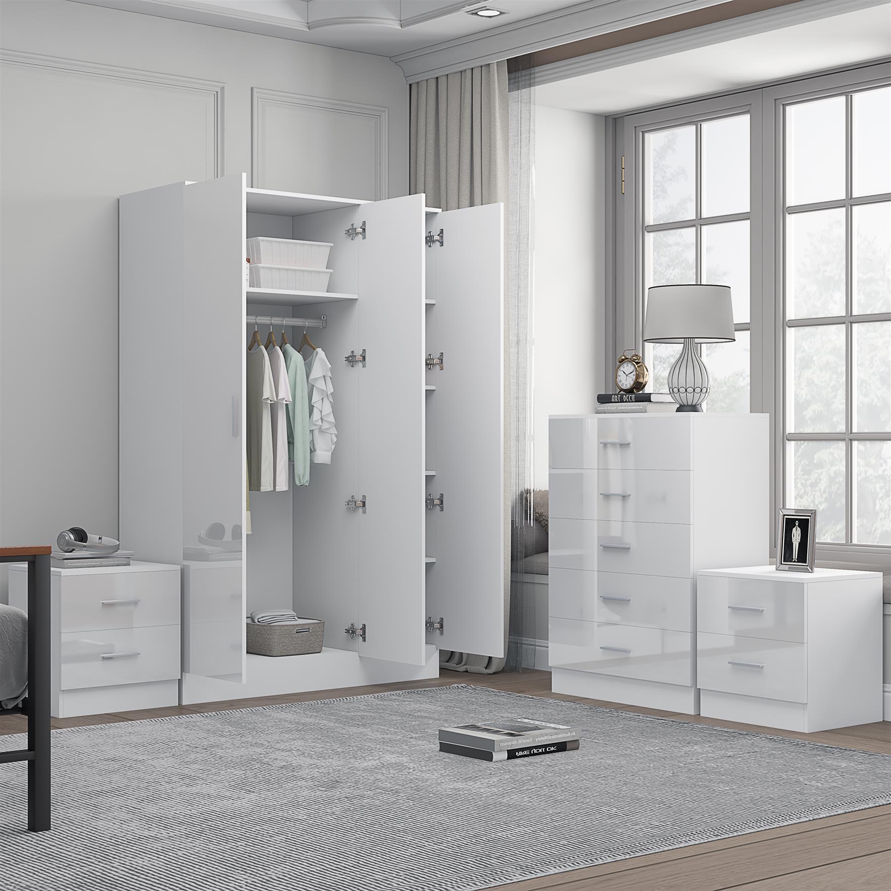 REFLECT Gloss 4pc Set - 3 Door Mirrored Wardrobe + 5 Draw Chest + 2 Bedsides - Picture 42 of 52