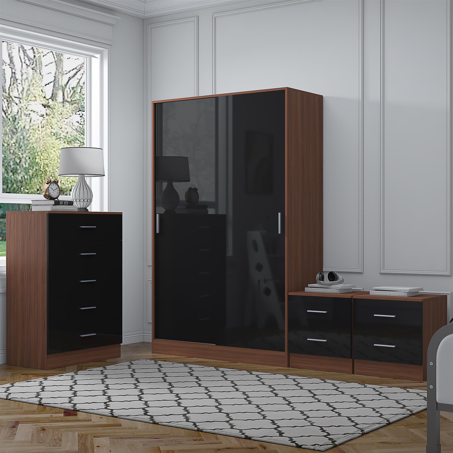 REFLECT Gloss 4pc Set - 2 Door Sliding Wardrobe + 5 Draw Chest + 2 Bedsides - Picture 13 of 41