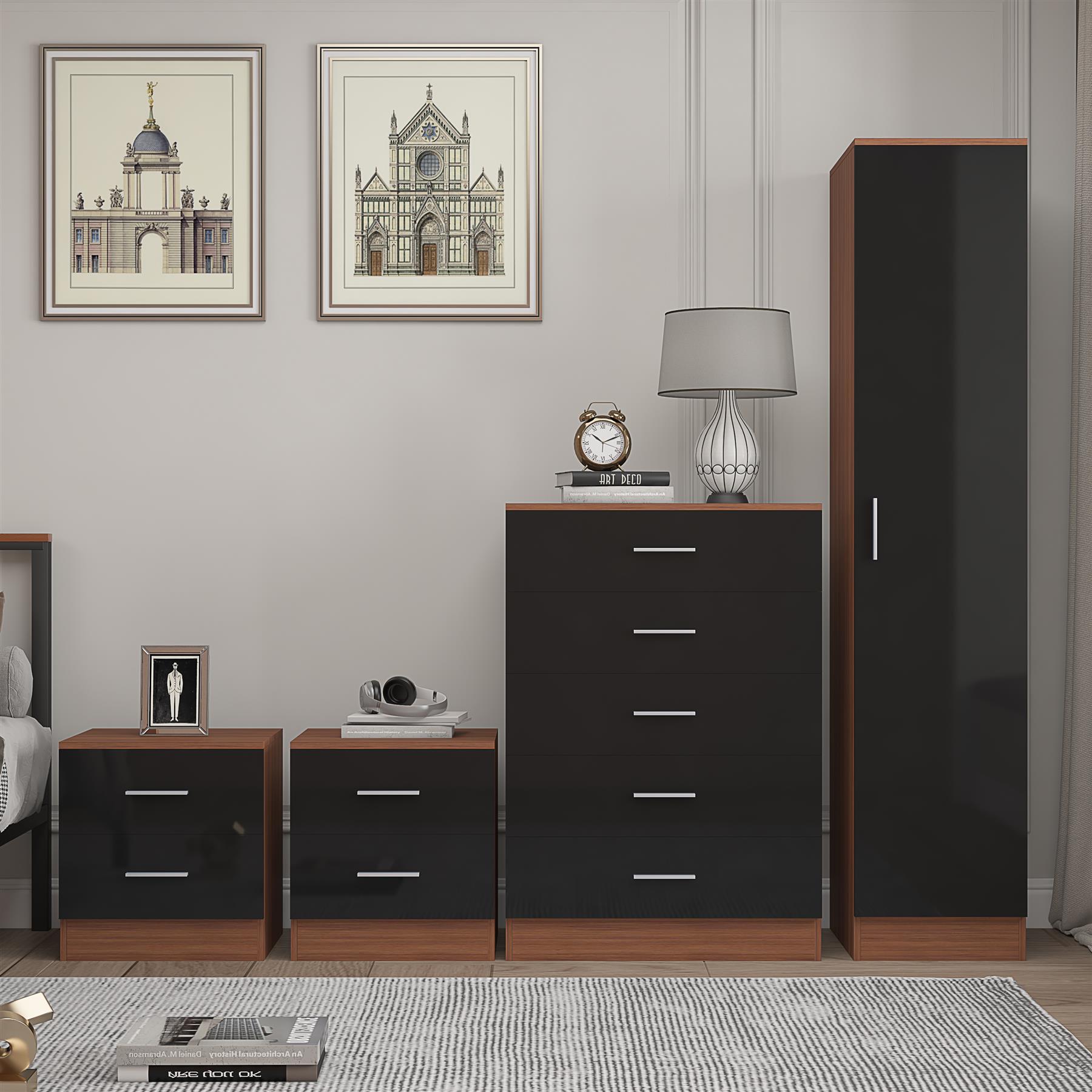 REFLECT Gloss 4pc Bedroom Set - 1 Door Wardrobe + 5 Draw Chest + 2 Bedsides - Picture 16 of 49