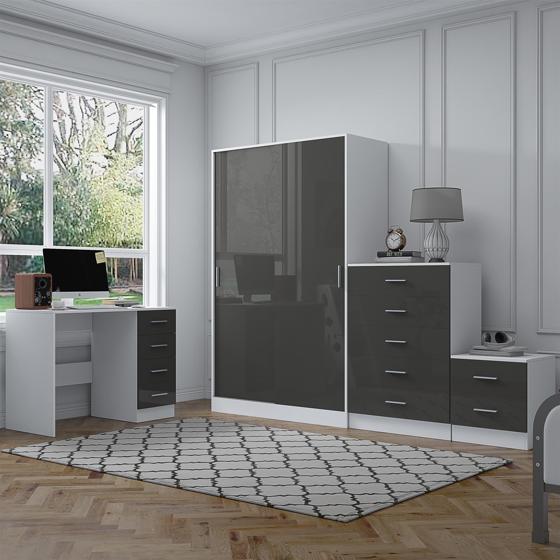 REFLECT Gloss 4pc Set - 2 Door Sliding Wardrobe + 5 Draw Chest + Bedside + Desk - Picture 23 of 41