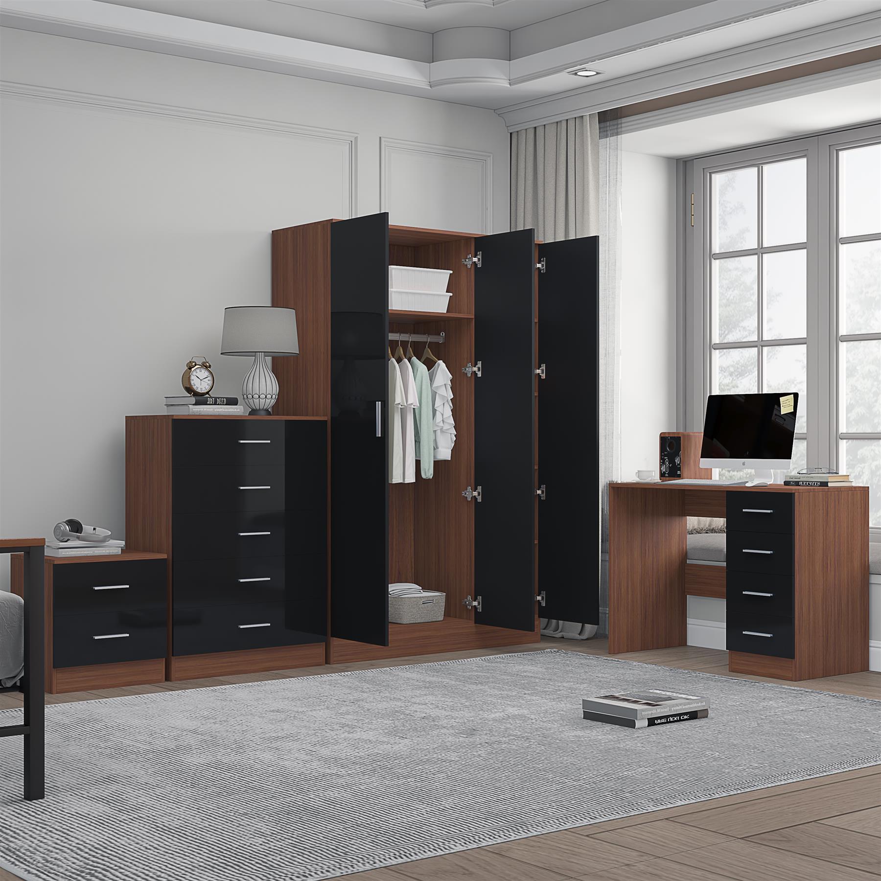 REFLECT Gloss 4pc Set - 3 Door Mirrored Wardrobe + 5 Draw Chest + Bedside + Desk - Picture 19 of 53