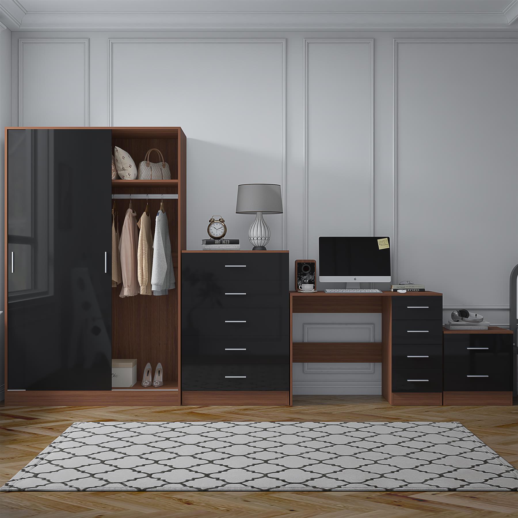 REFLECT Gloss 4pc Set - 2 Door Sliding Wardrobe + 5 Draw Chest + Bedside + Desk - Picture 14 of 41
