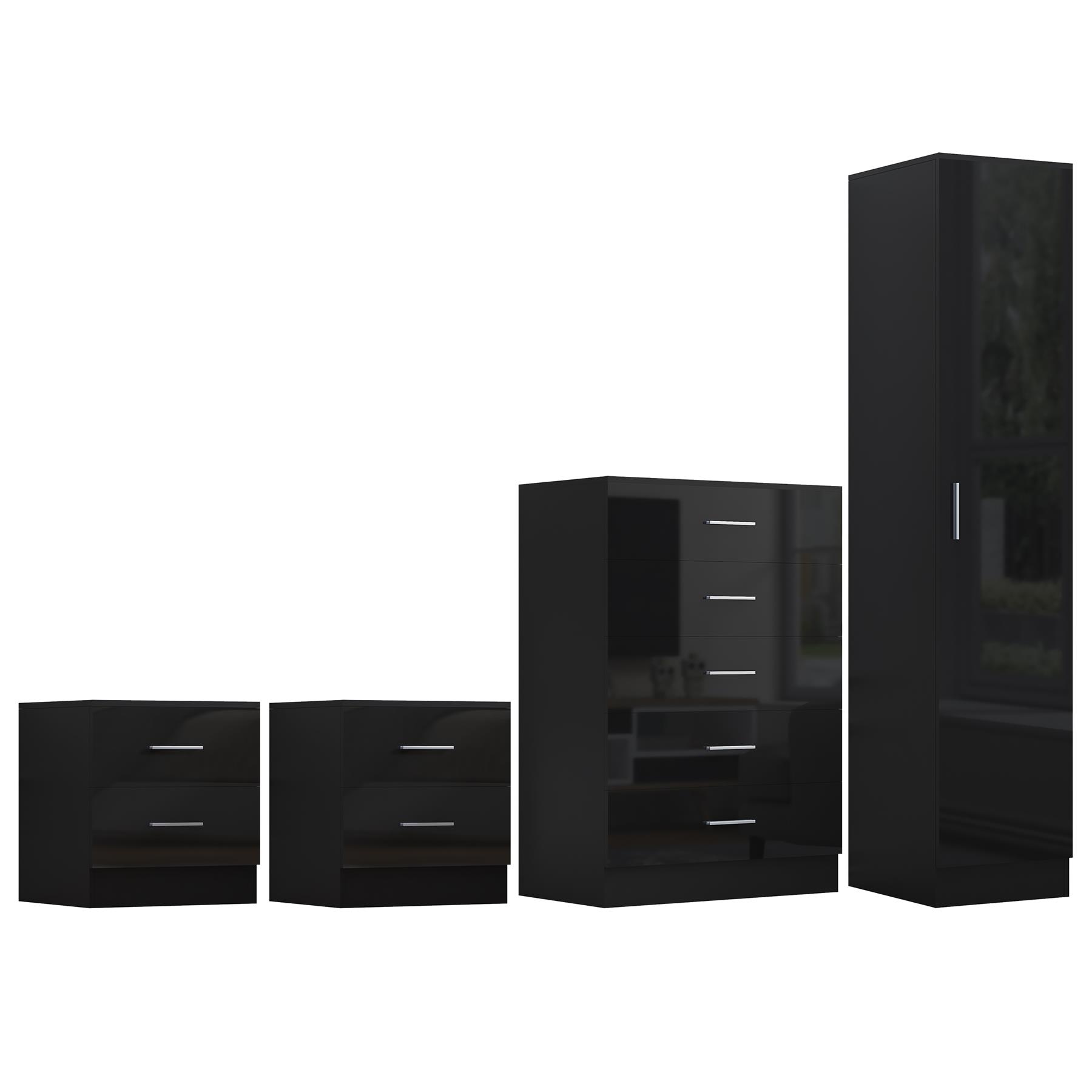 REFLECT Gloss 4pc Bedroom Set - 1 Door Wardrobe + 5 Draw Chest + 2 Bedsides - Picture 7 of 49