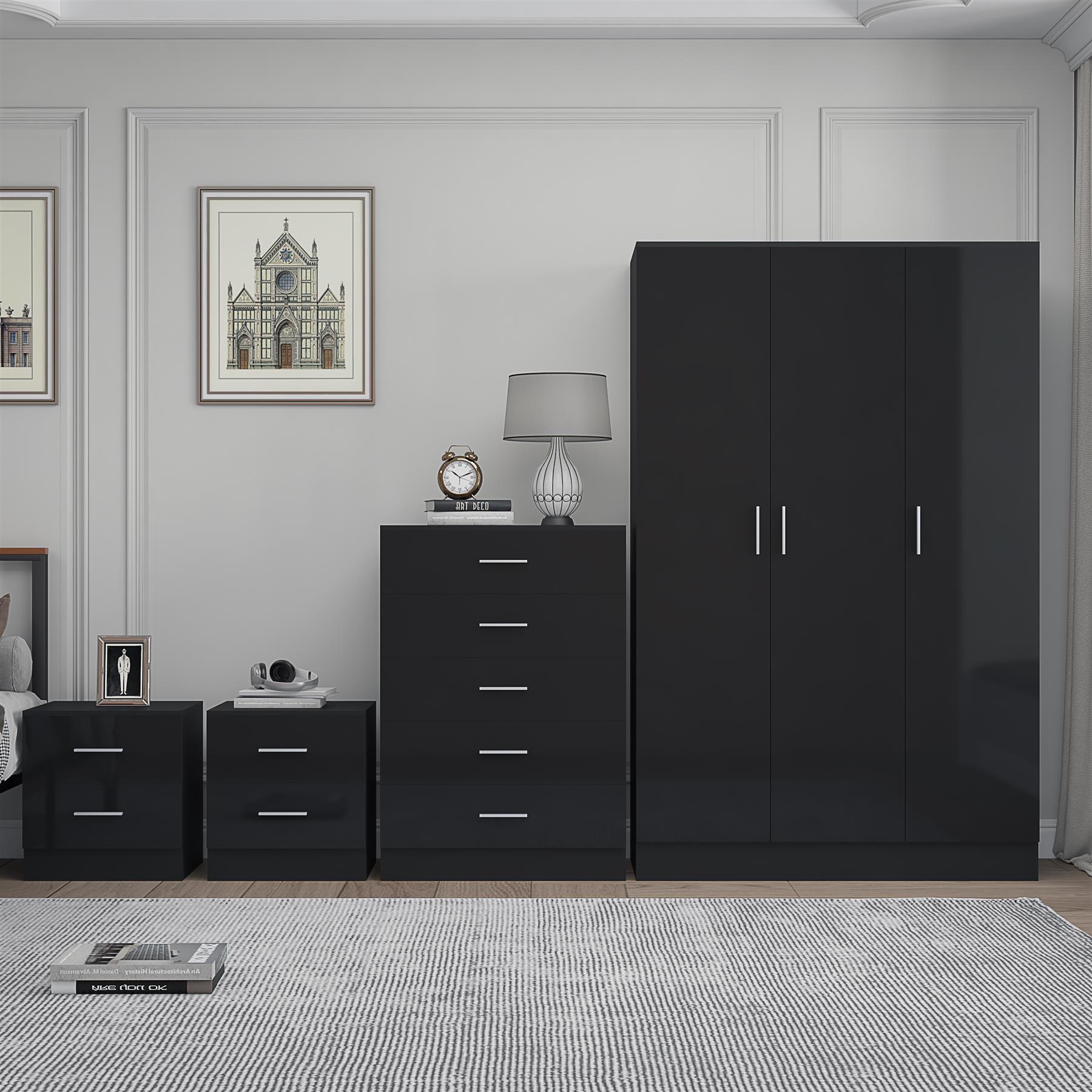 REFLECT Gloss 4pc Bedroom Set - 3 Door Wardrobe + 5 Draw Chest + 2 Bedsides - Picture 7 of 52