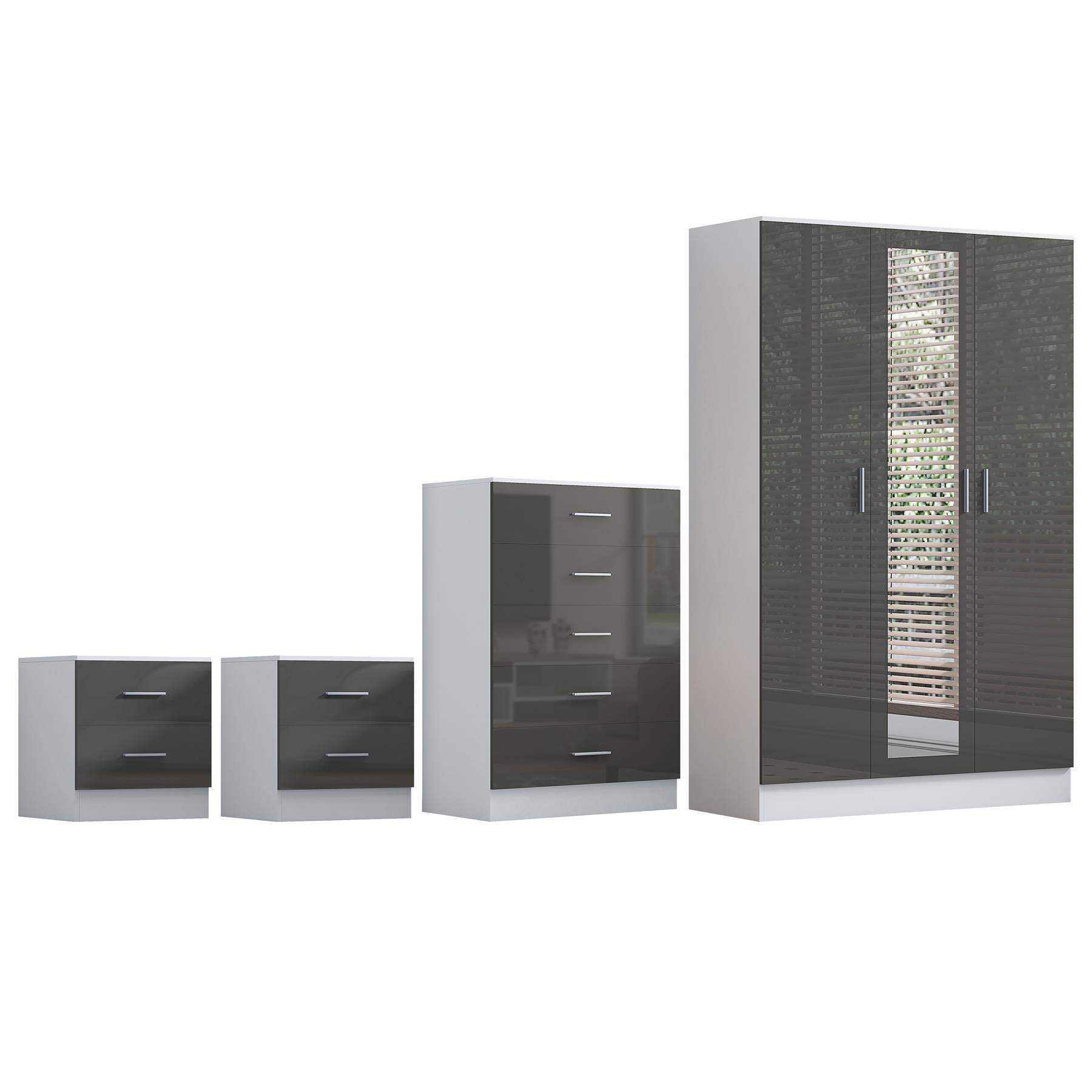 REFLECT Gloss 4pc Set - 3 Door Mirrored Wardrobe + 5 Draw Chest + 2 Bedsides - Picture 36 of 52