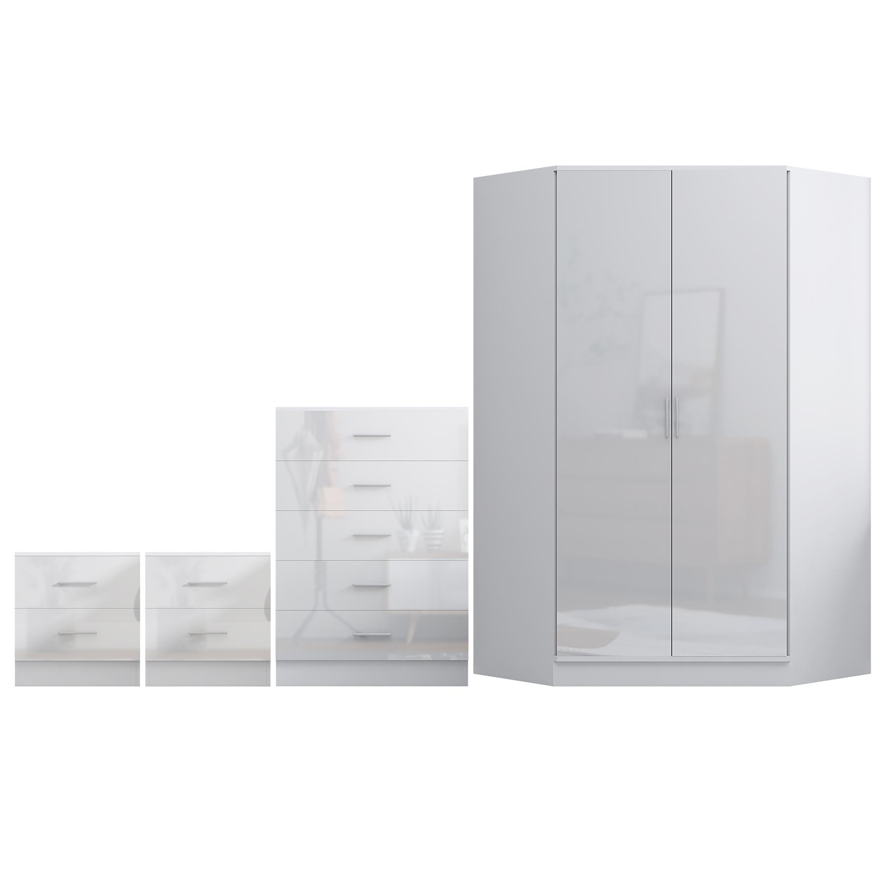 REFLECT Gloss 4pc Set - 2 Door Corner Wardrobe + 5 Draw Chest + 2 Bedsides - Picture 37 of 41