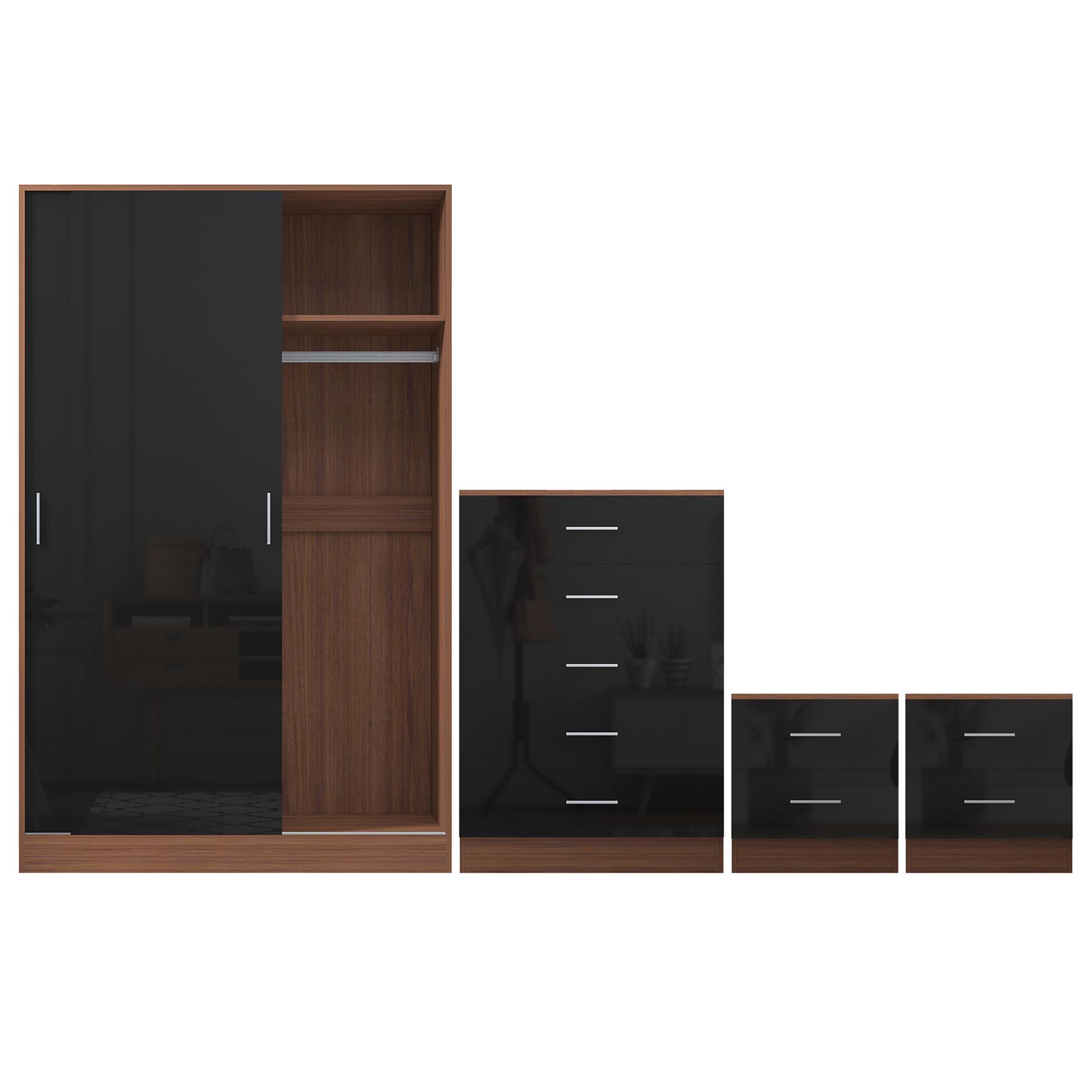 REFLECT Gloss 4pc Set - 2 Door Sliding Wardrobe + 5 Draw Chest + 2 Bedsides - Picture 17 of 41