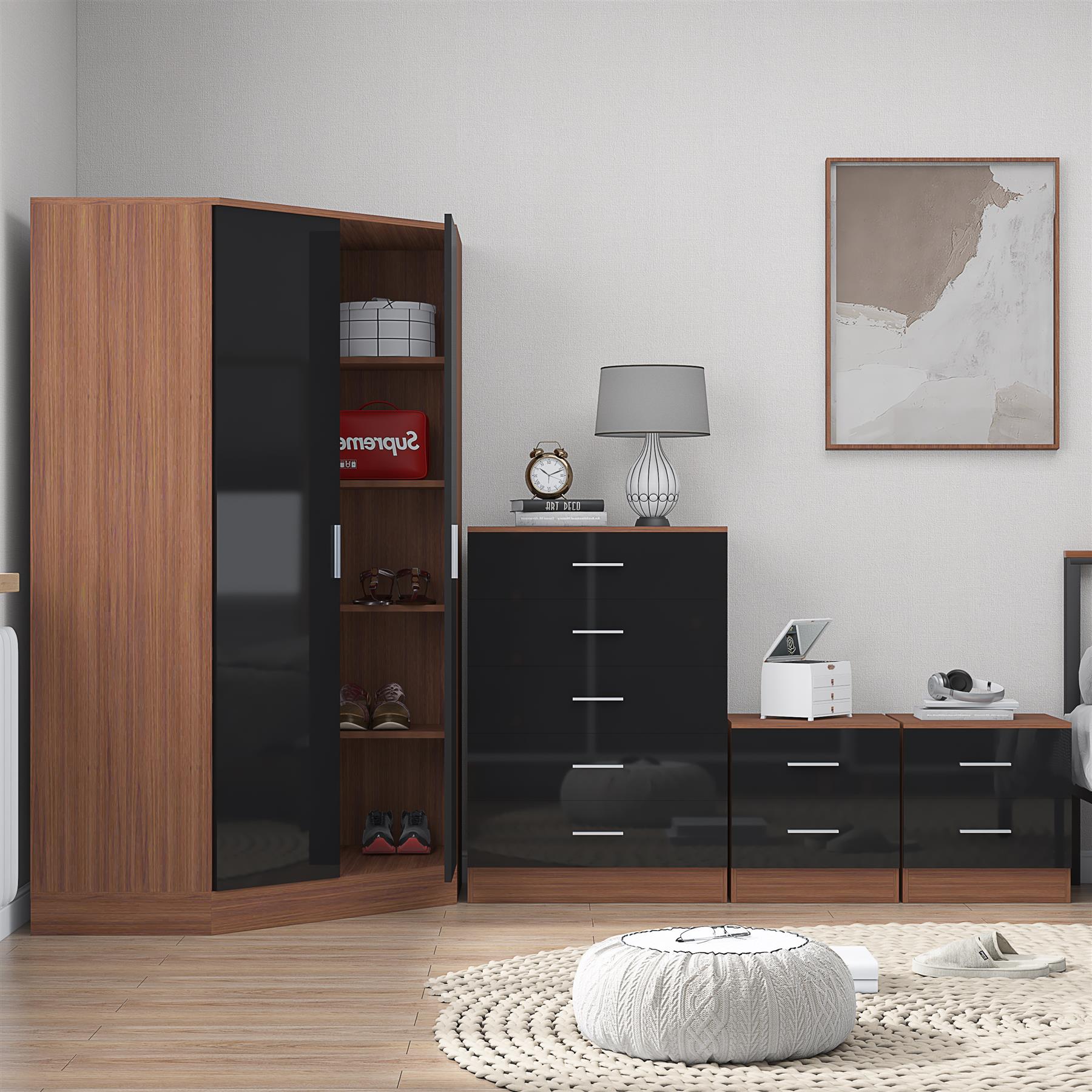 REFLECT Gloss 4pc Set - 2 Door Corner Wardrobe + 5 Draw Chest + 2 Bedsides - Picture 15 of 41