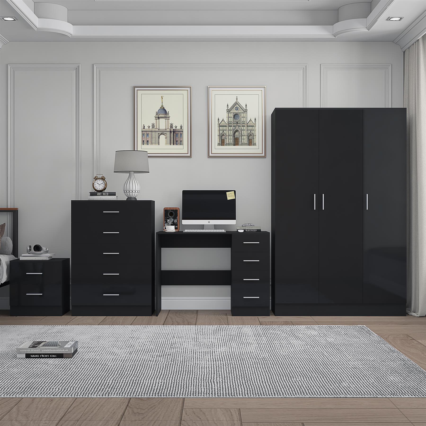 REFLECT Gloss 4pc Bedroom Set - 3 Door Wardrobe + Tall Chest + Bedside + Desk - Picture 4 of 41