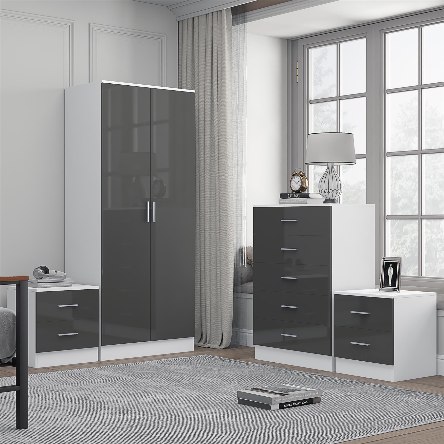REFLECT Gloss 4pc Bedroom Set - 2 Door Wardrobe + 5 Draw Chest + 2 Bedsides - Picture 26 of 49