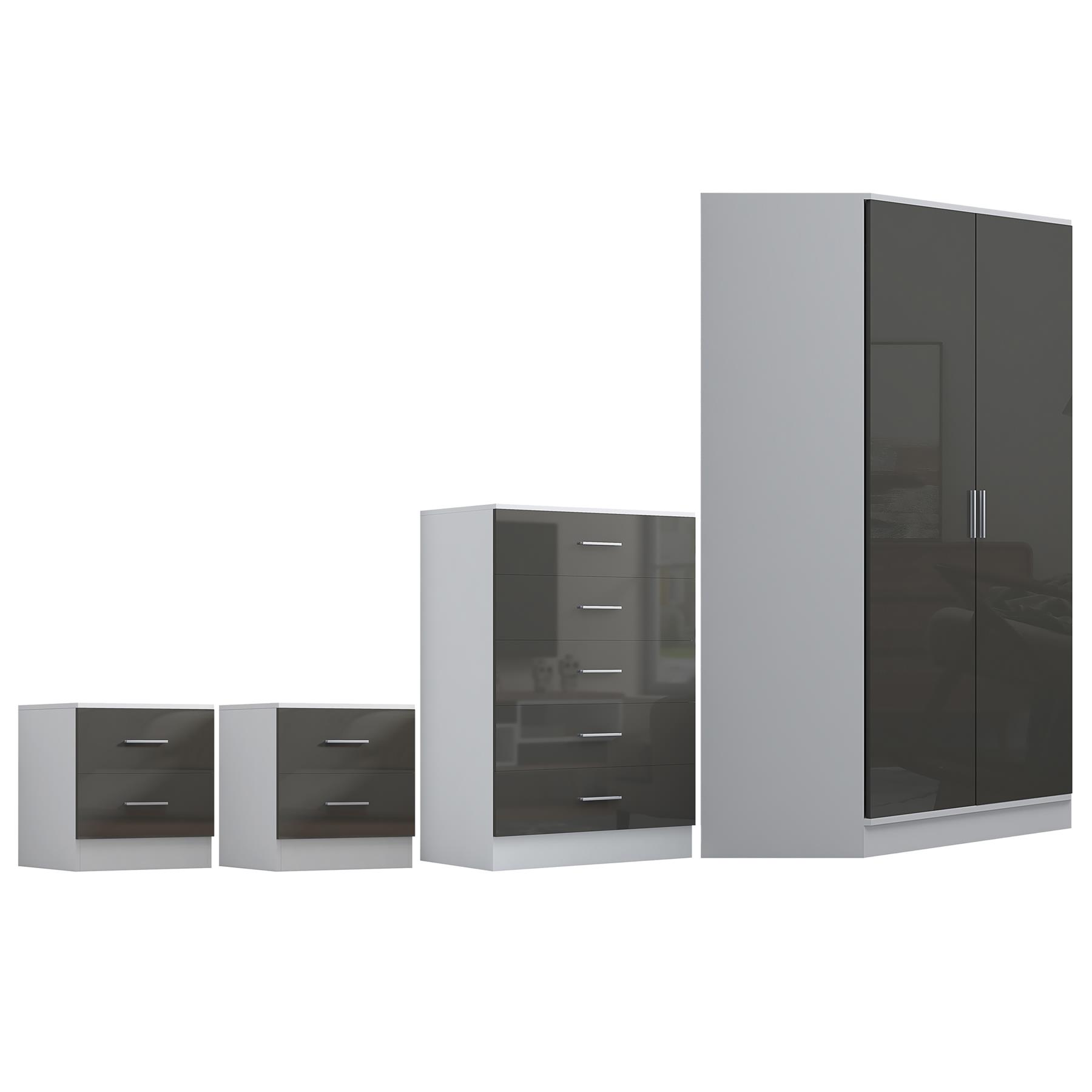 REFLECT Gloss 4pc Set - 2 Door Corner Wardrobe + 5 Draw Chest + 2 Bedsides - Picture 26 of 41