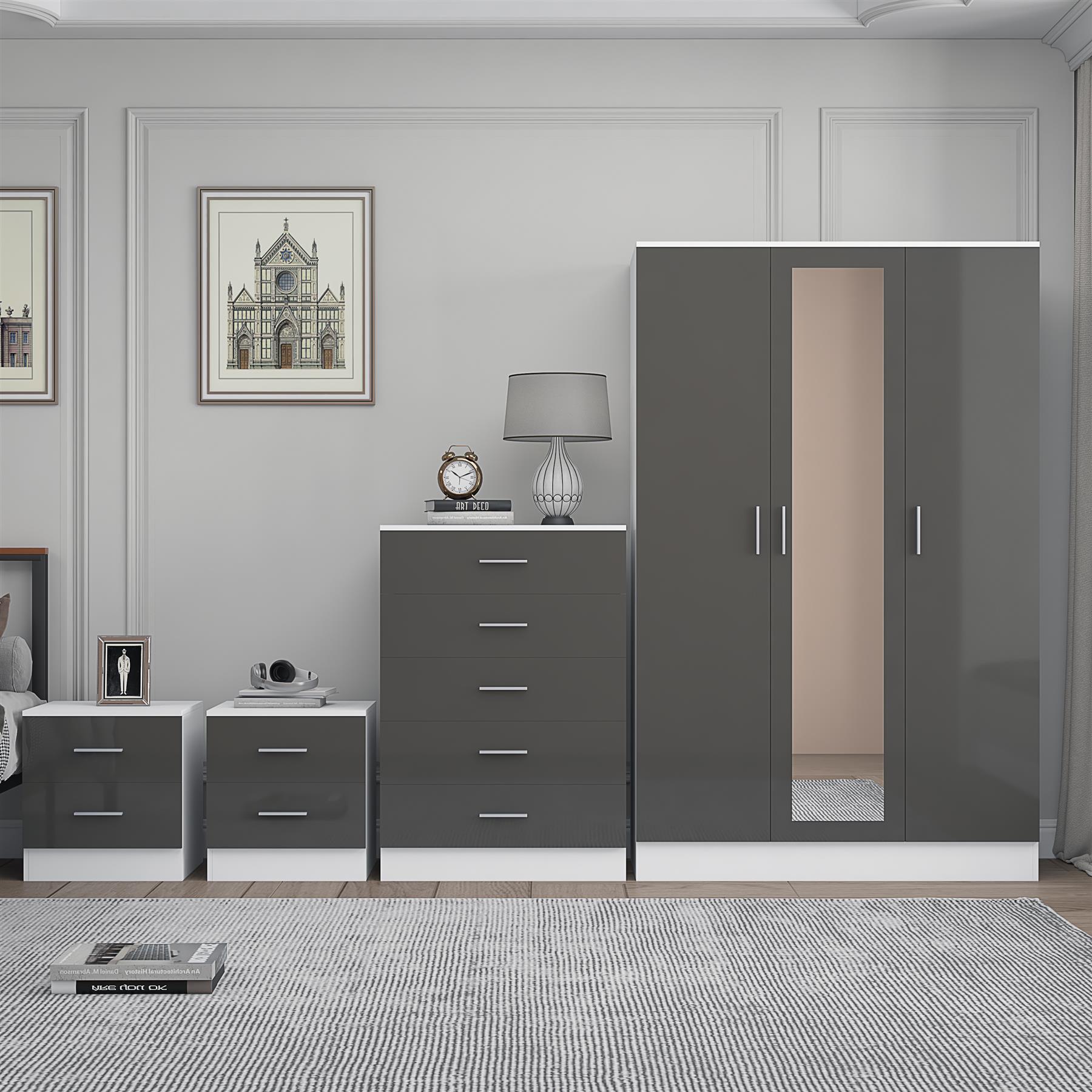 REFLECT Gloss 4pc Set - 3 Door Mirrored Wardrobe + 5 Draw Chest + 2 Bedsides - Picture 31 of 52