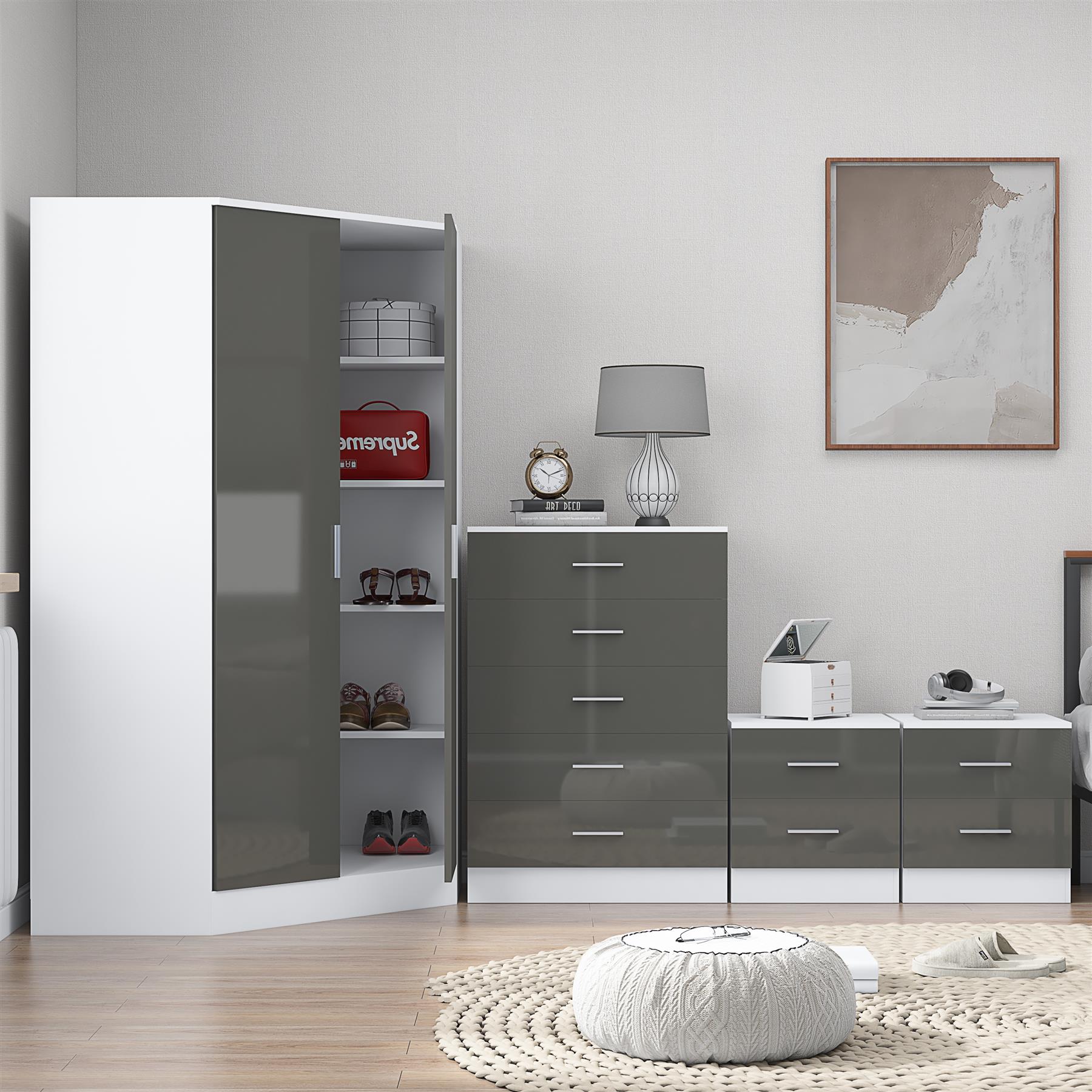 REFLECT Gloss 4pc Set - 2 Door Corner Wardrobe + 5 Draw Chest + 2 Bedsides - Picture 25 of 41