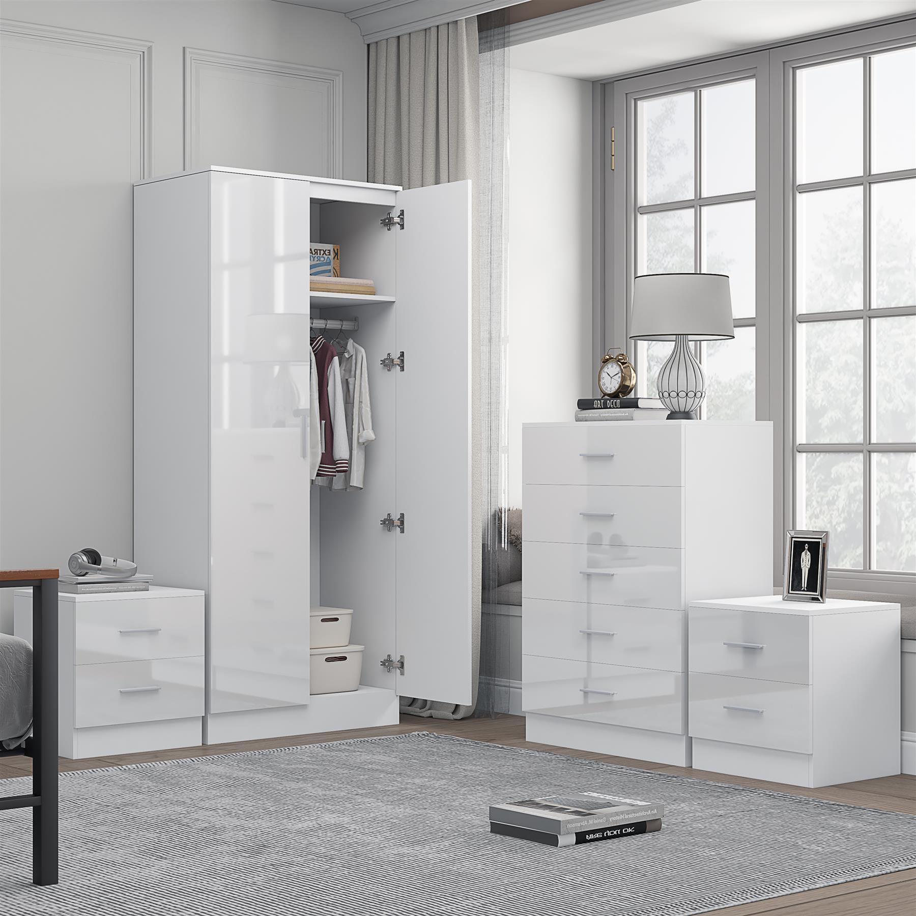 REFLECT Gloss 4pc Bedroom Set - 2 Door Wardrobe + 5 Draw Chest + 2 Bedsides - Picture 39 of 49