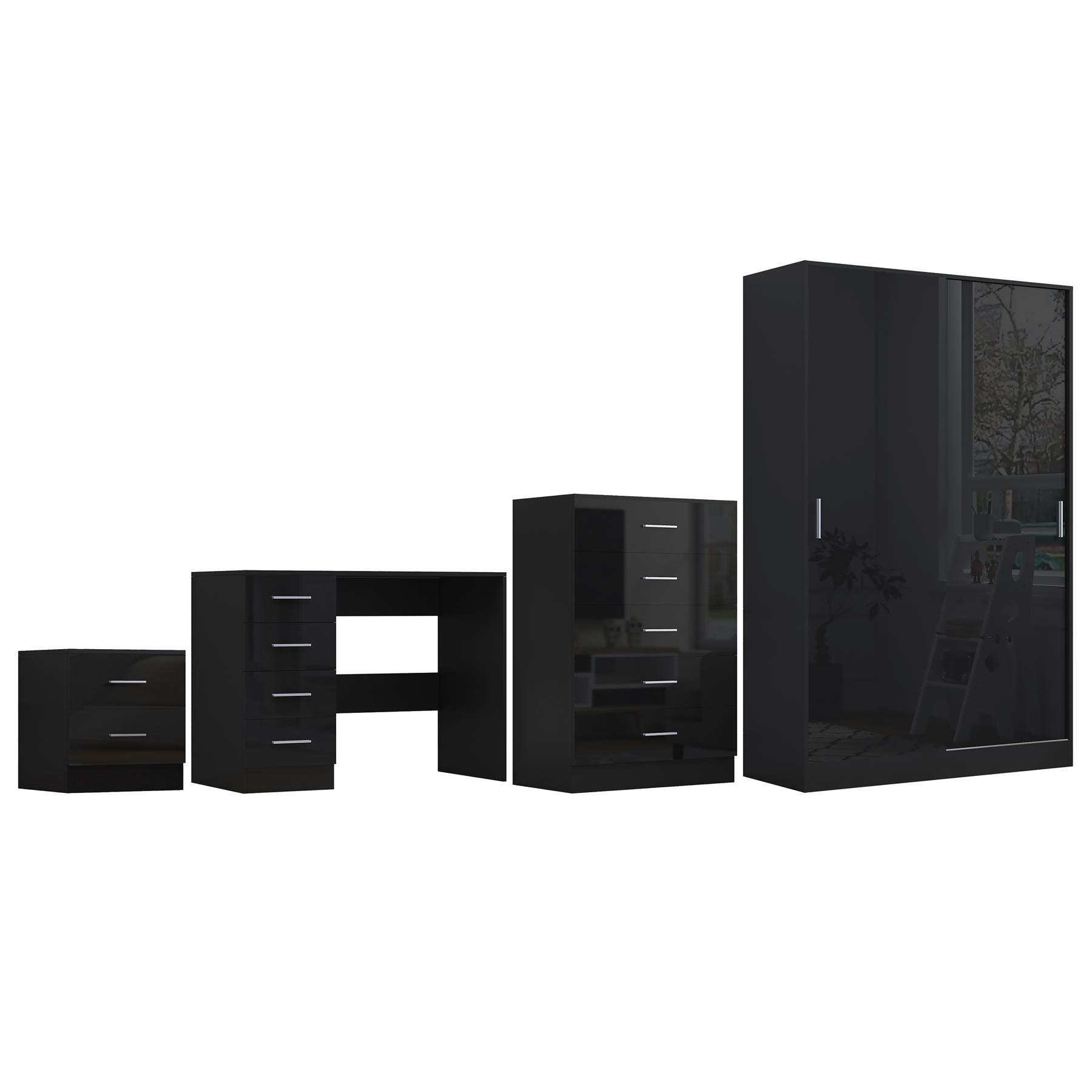 REFLECT Gloss 4pc Set - 2 Door Sliding Wardrobe + 5 Draw Chest + Bedside + Desk - Picture 6 of 41