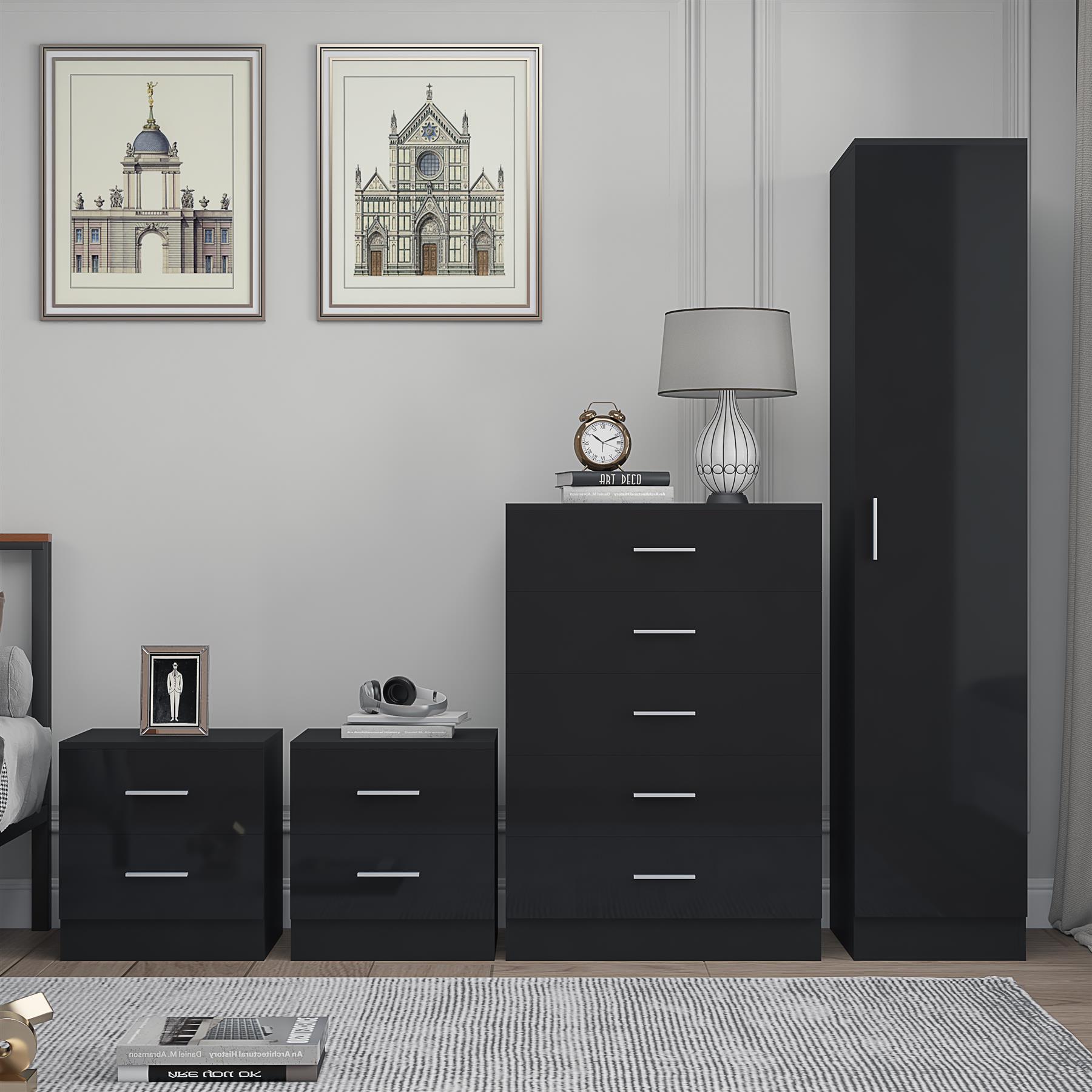 REFLECT Gloss 4pc Bedroom Set - 1 Door Wardrobe + 5 Draw Chest + 2 Bedsides - Picture 4 of 49