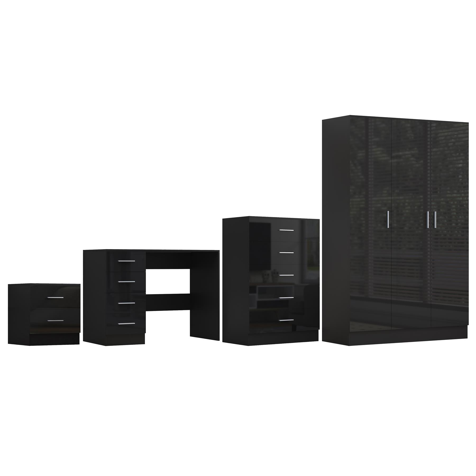 REFLECT Gloss 4pc Bedroom Set - 3 Door Wardrobe + Tall Chest + Bedside + Desk - Picture 6 of 41