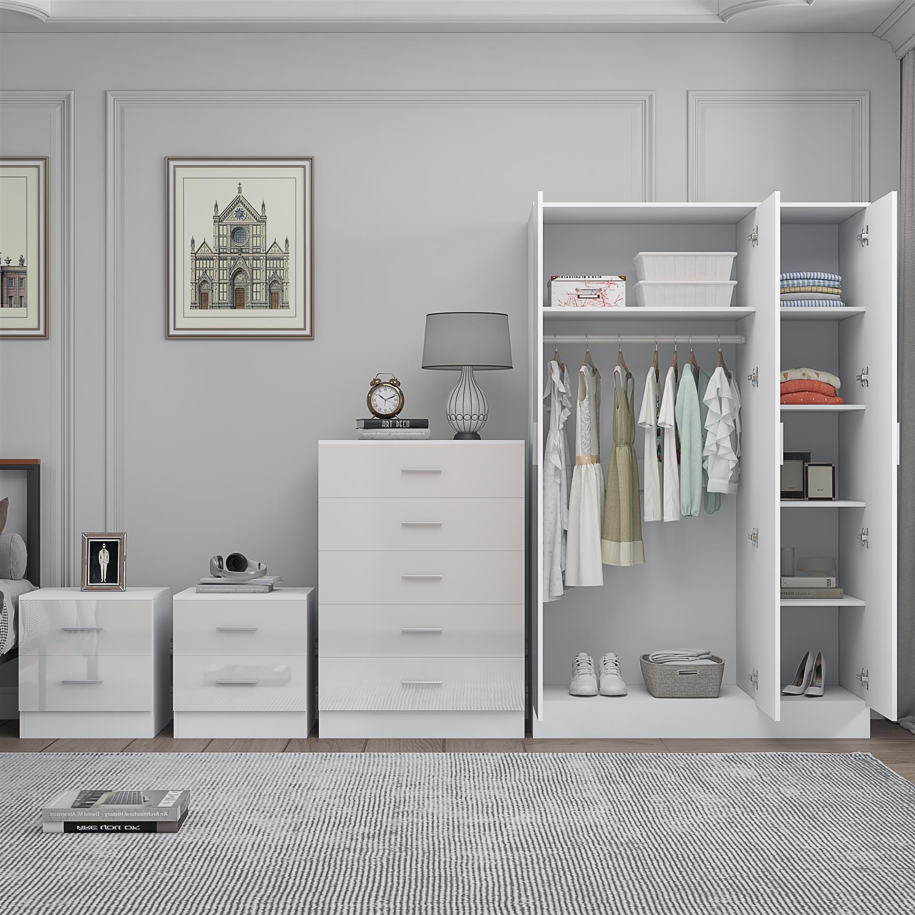 REFLECT Gloss 4pc Set - 3 Door Mirrored Wardrobe + 5 Draw Chest + 2 Bedsides - Picture 44 of 52