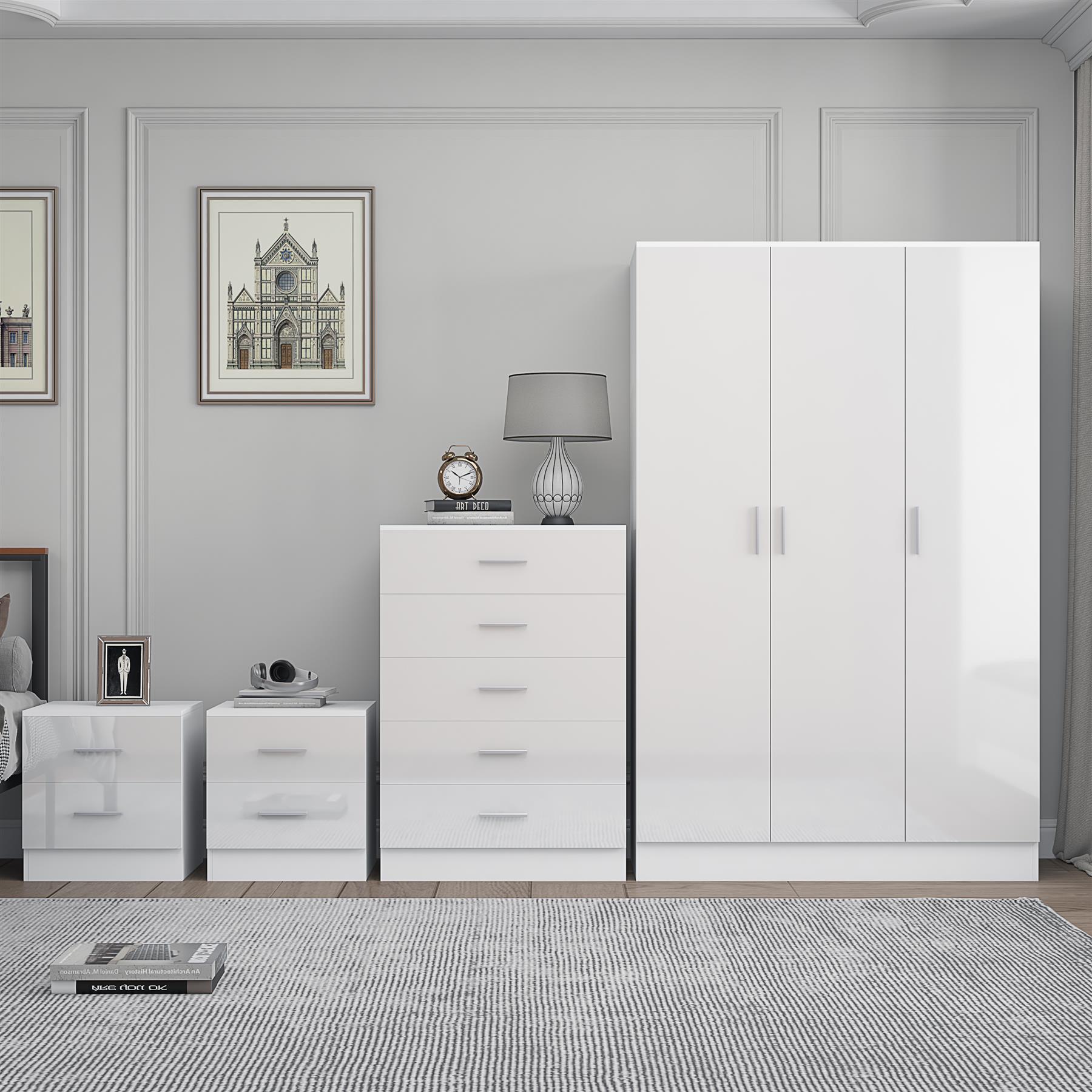 REFLECT Gloss 4pc Bedroom Set - 3 Door Wardrobe + 5 Draw Chest + 2 Bedsides - Picture 43 of 52