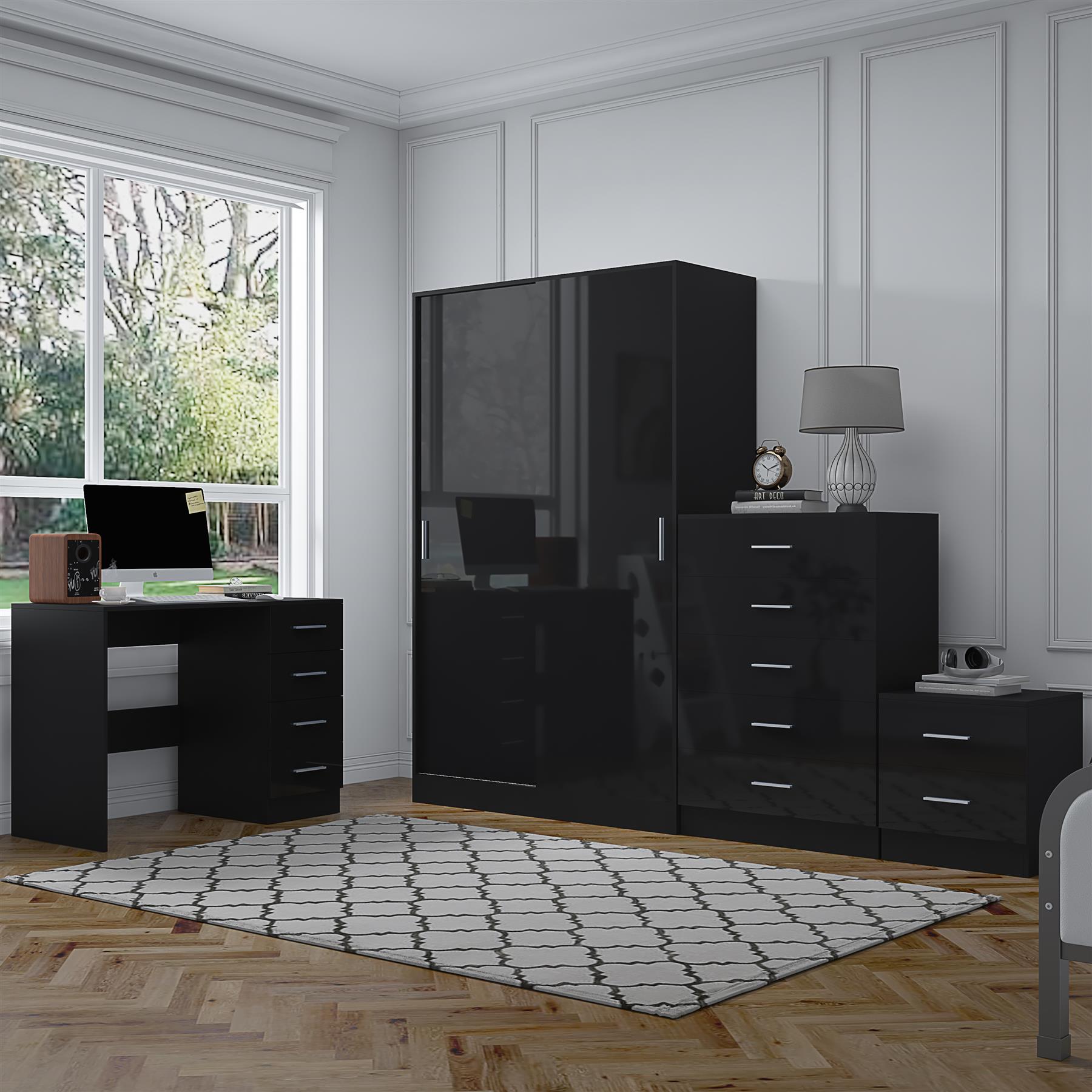 REFLECT Gloss 4pc Set - 2 Door Sliding Wardrobe + 5 Draw Chest + Bedside + Desk - Picture 3 of 41
