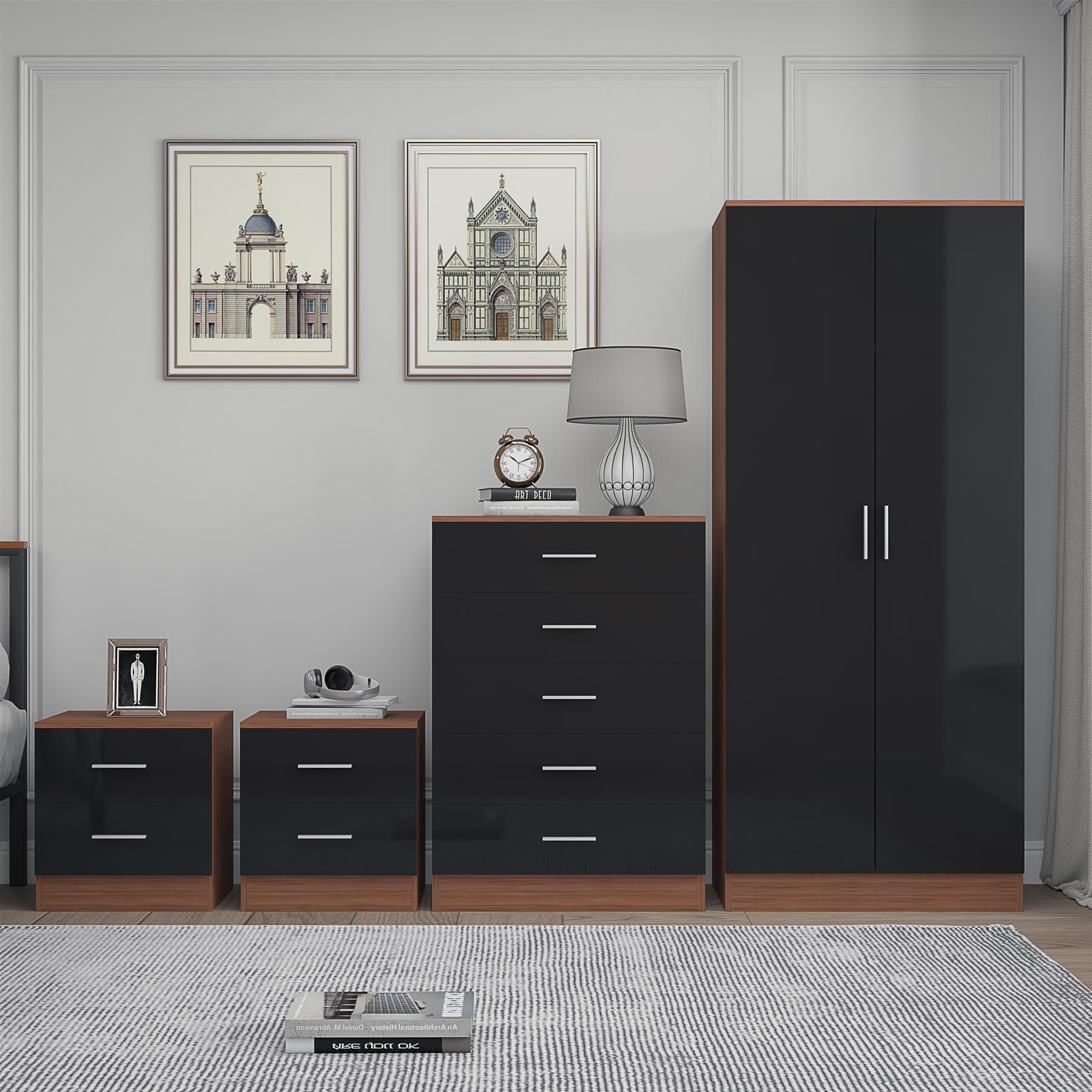 REFLECT Gloss 4pc Bedroom Set - 2 Door Wardrobe + 5 Draw Chest + 2 Bedsides - Picture 16 of 49