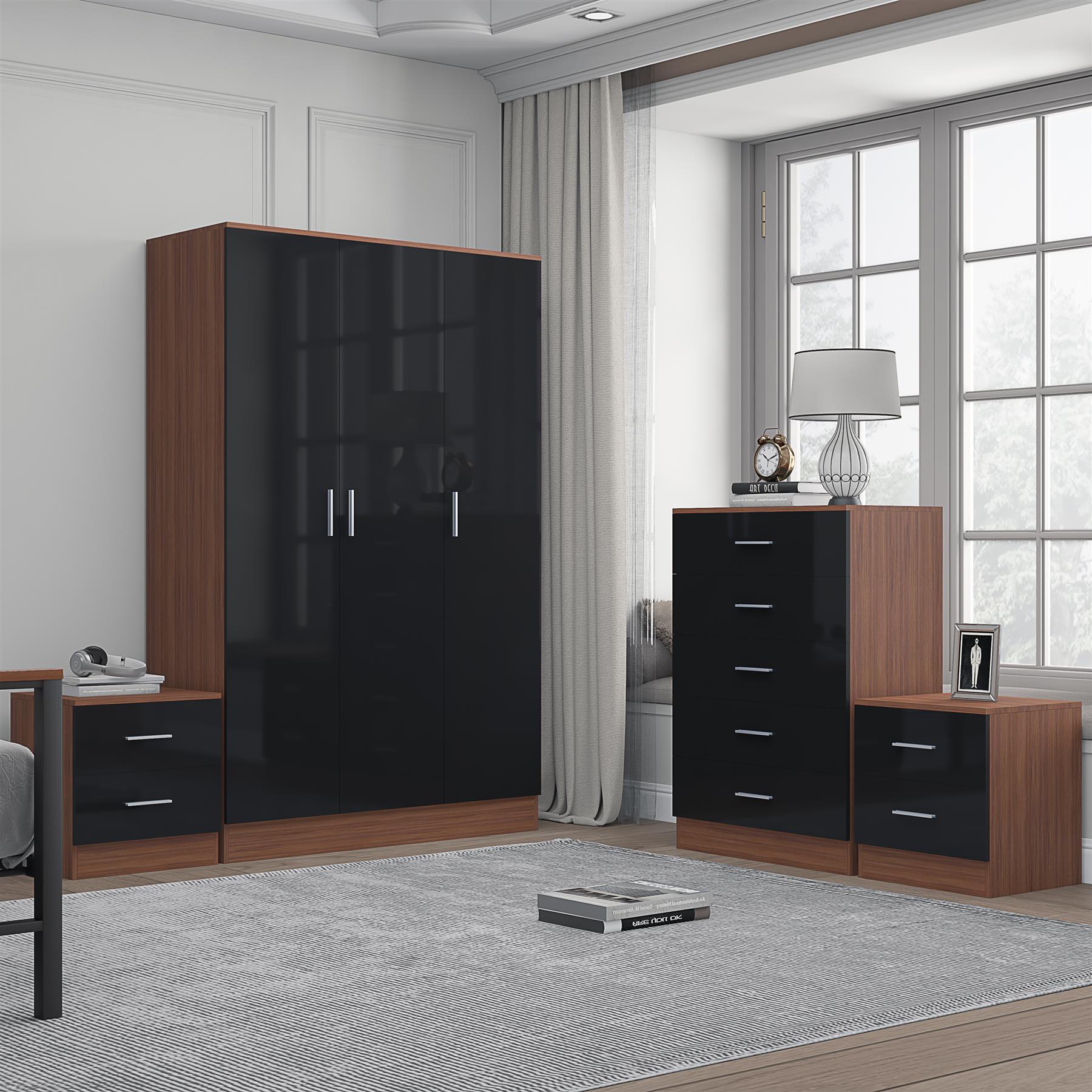 REFLECT Gloss 4pc Bedroom Set - 3 Door Wardrobe + 5 Draw Chest + 2 Bedsides - Picture 17 of 52