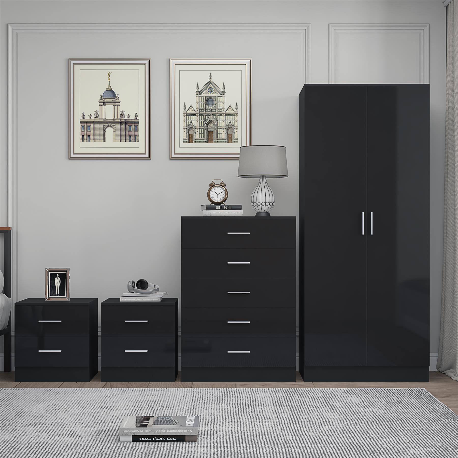 REFLECT Gloss 4pc Bedroom Set - 2 Door Wardrobe + 5 Draw Chest + 2 Bedsides - Picture 4 of 49