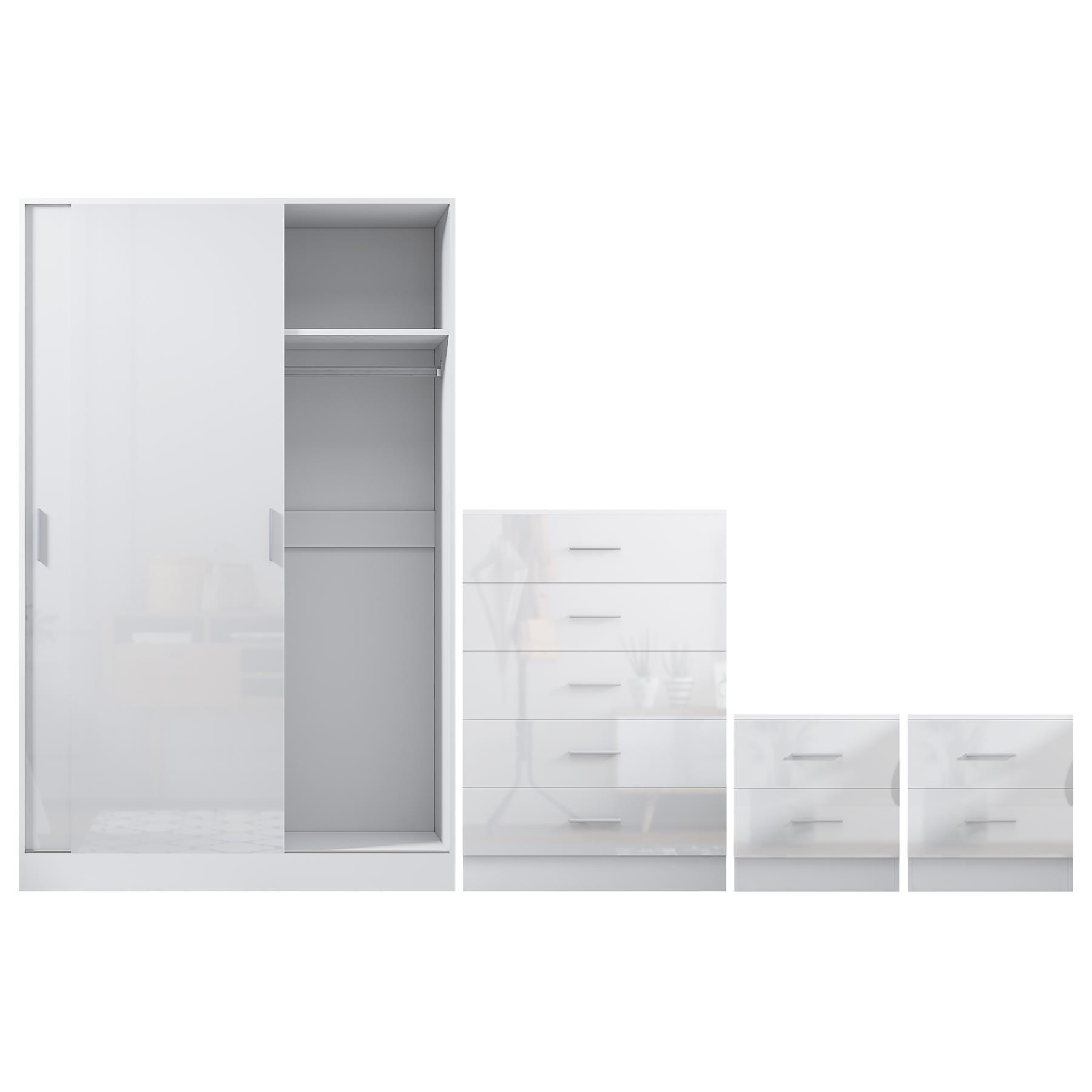REFLECT Gloss 4pc Set - 2 Door Sliding Wardrobe + 5 Draw Chest + 2 Bedsides - Picture 38 of 41