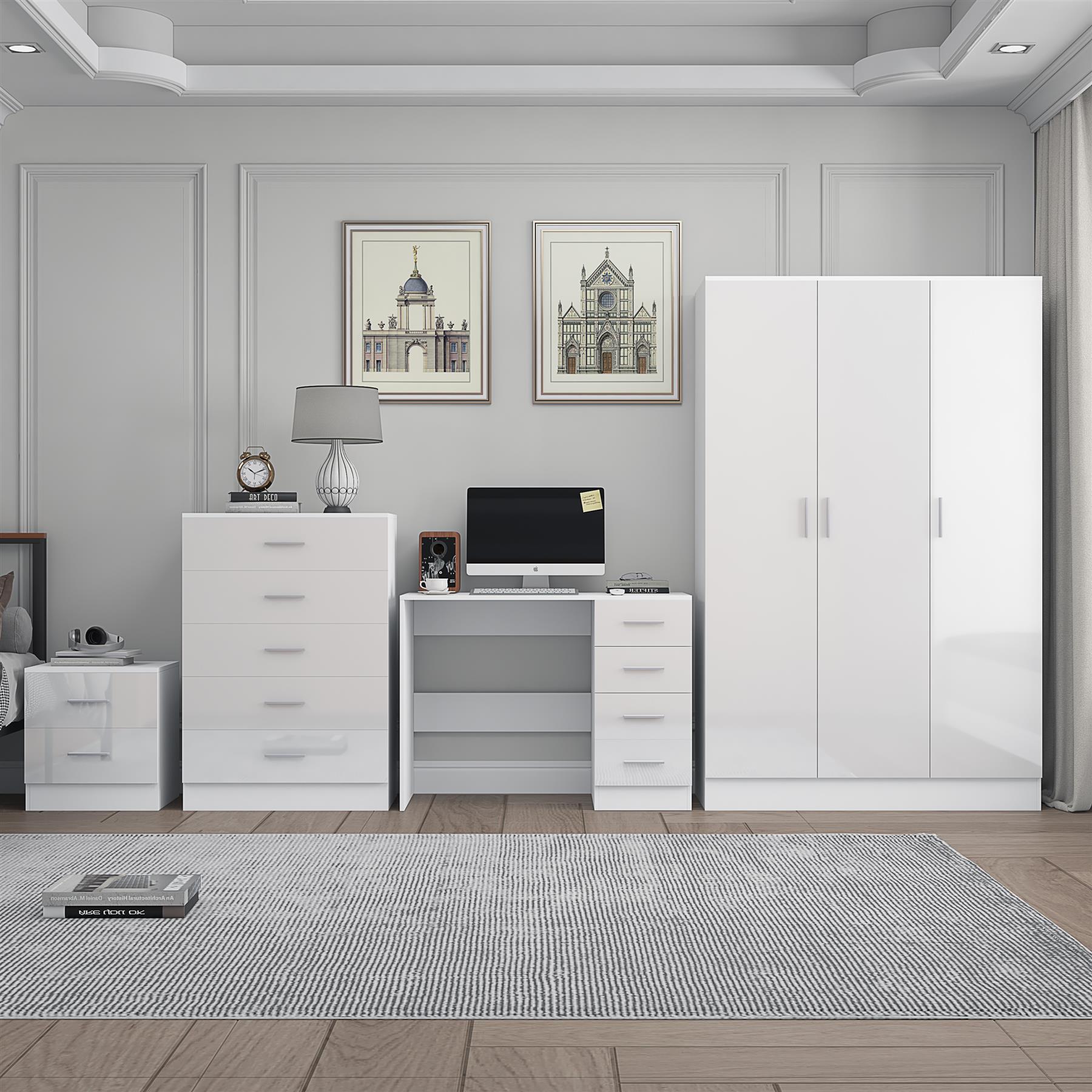 REFLECT Gloss 4pc Bedroom Set - 3 Door Wardrobe + Tall Chest + Bedside + Desk - Picture 34 of 41