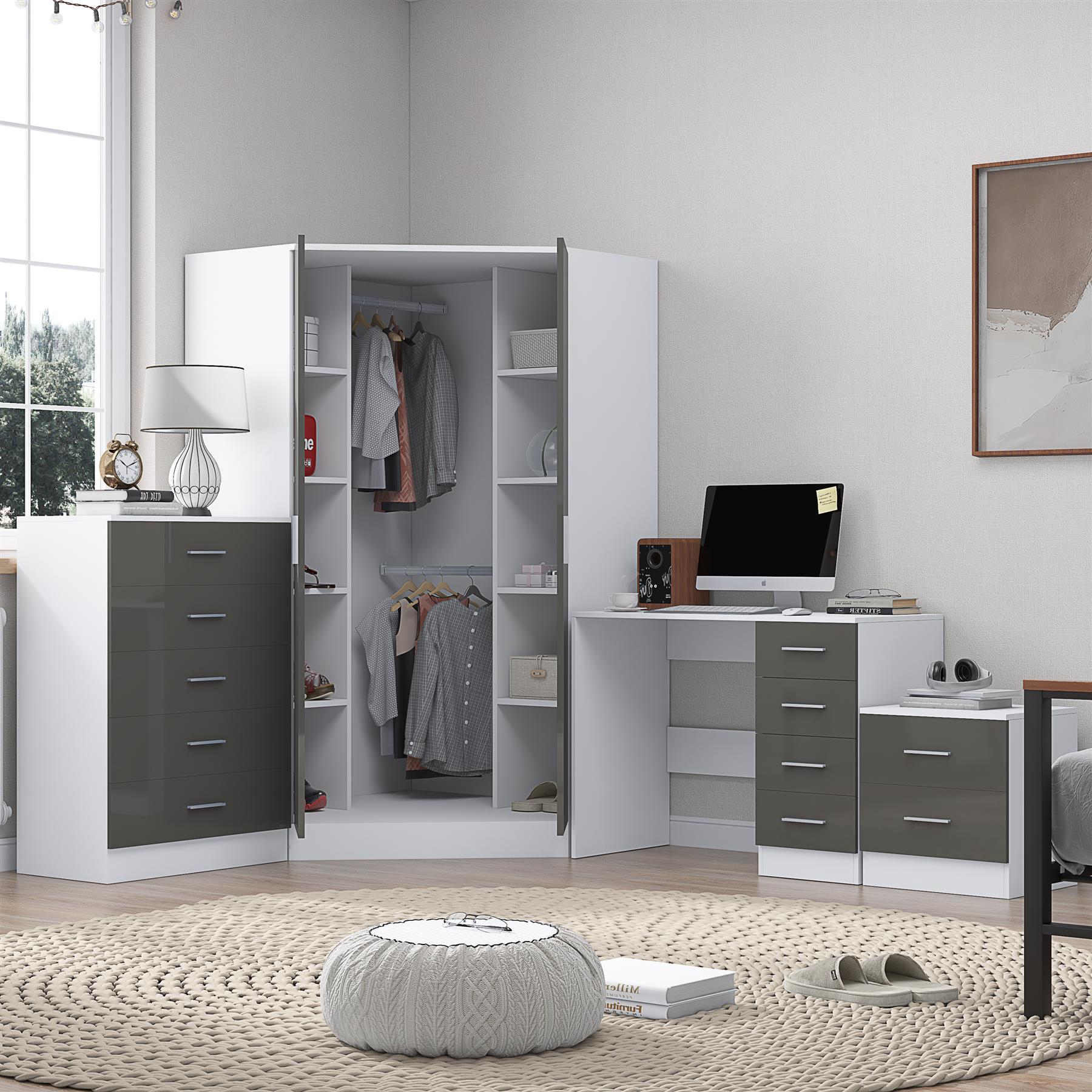 REFLECT Gloss 4pc Set - 2 Door Corner Wardrobe + 5 Draw Chest + Bedside + Desk - Picture 23 of 41
