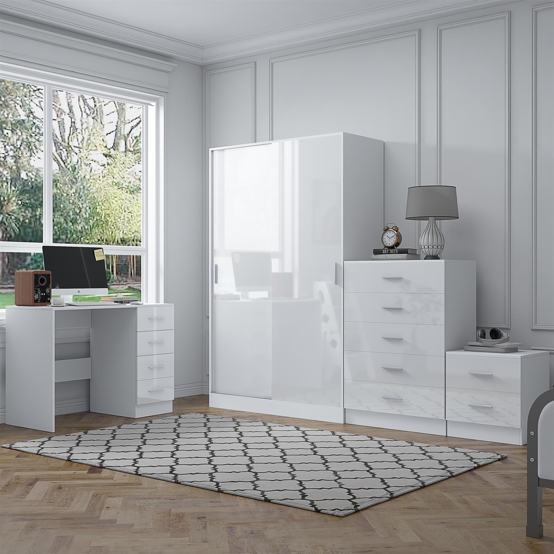 REFLECT Gloss 4pc Set - 2 Door Sliding Wardrobe + 5 Draw Chest + Bedside + Desk - Picture 33 of 41