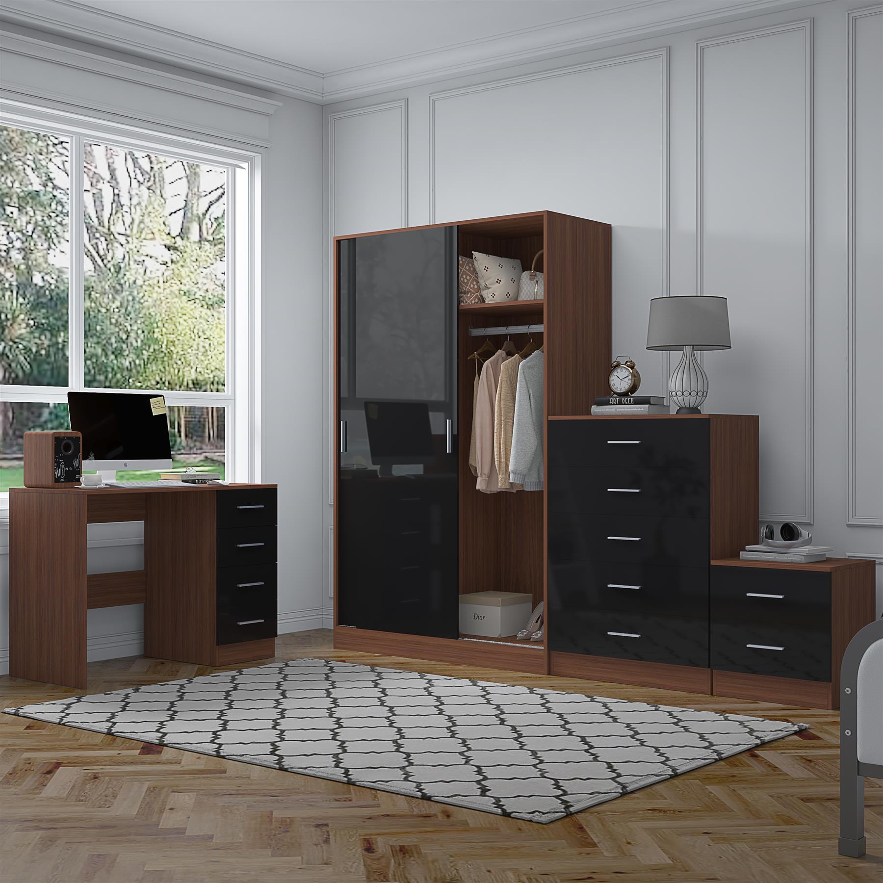 REFLECT Gloss 4pc Set - 2 Door Sliding Wardrobe + 5 Draw Chest + Bedside + Desk - Picture 12 of 41