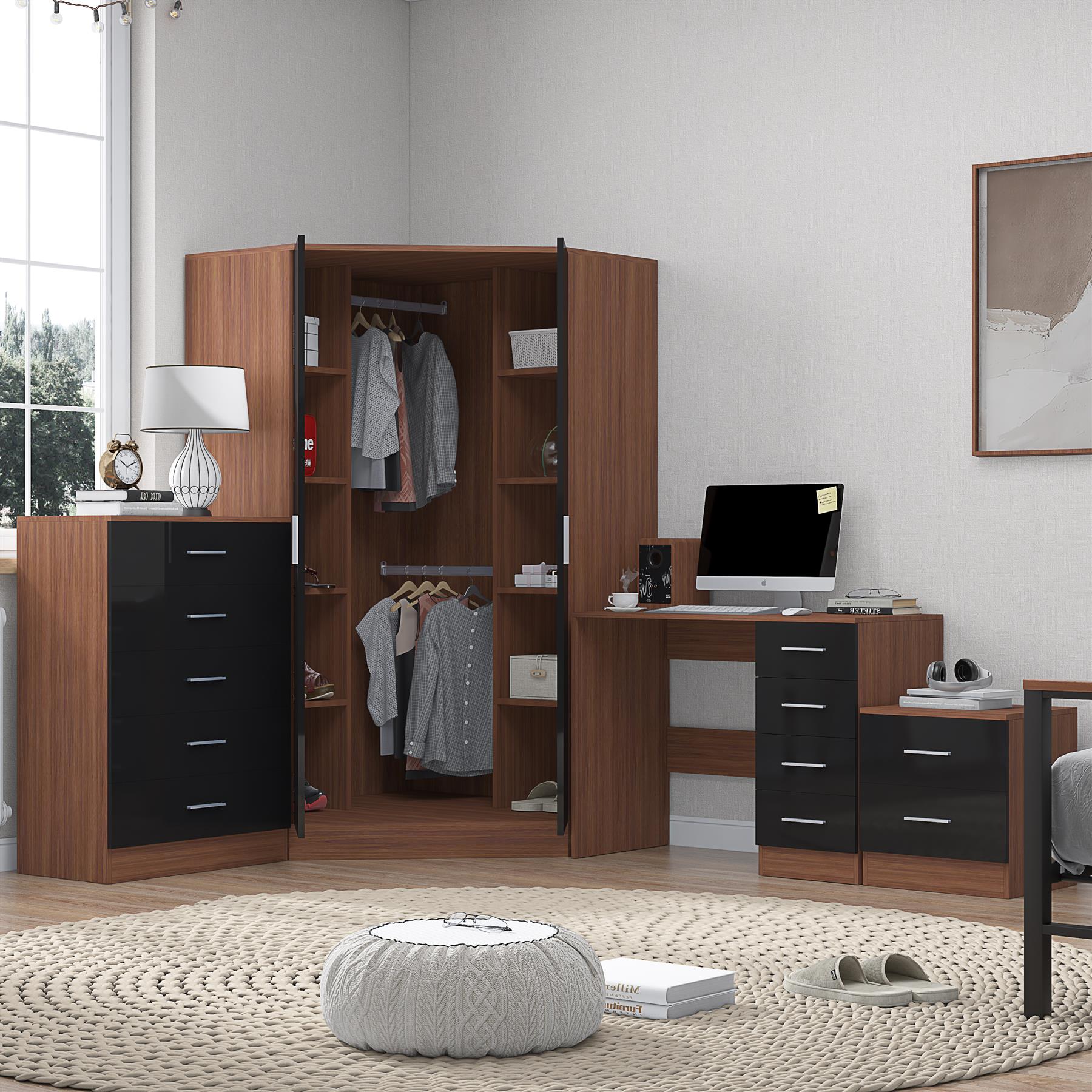 REFLECT Gloss 4pc Set - 2 Door Corner Wardrobe + 5 Draw Chest + Bedside + Desk - Picture 13 of 41