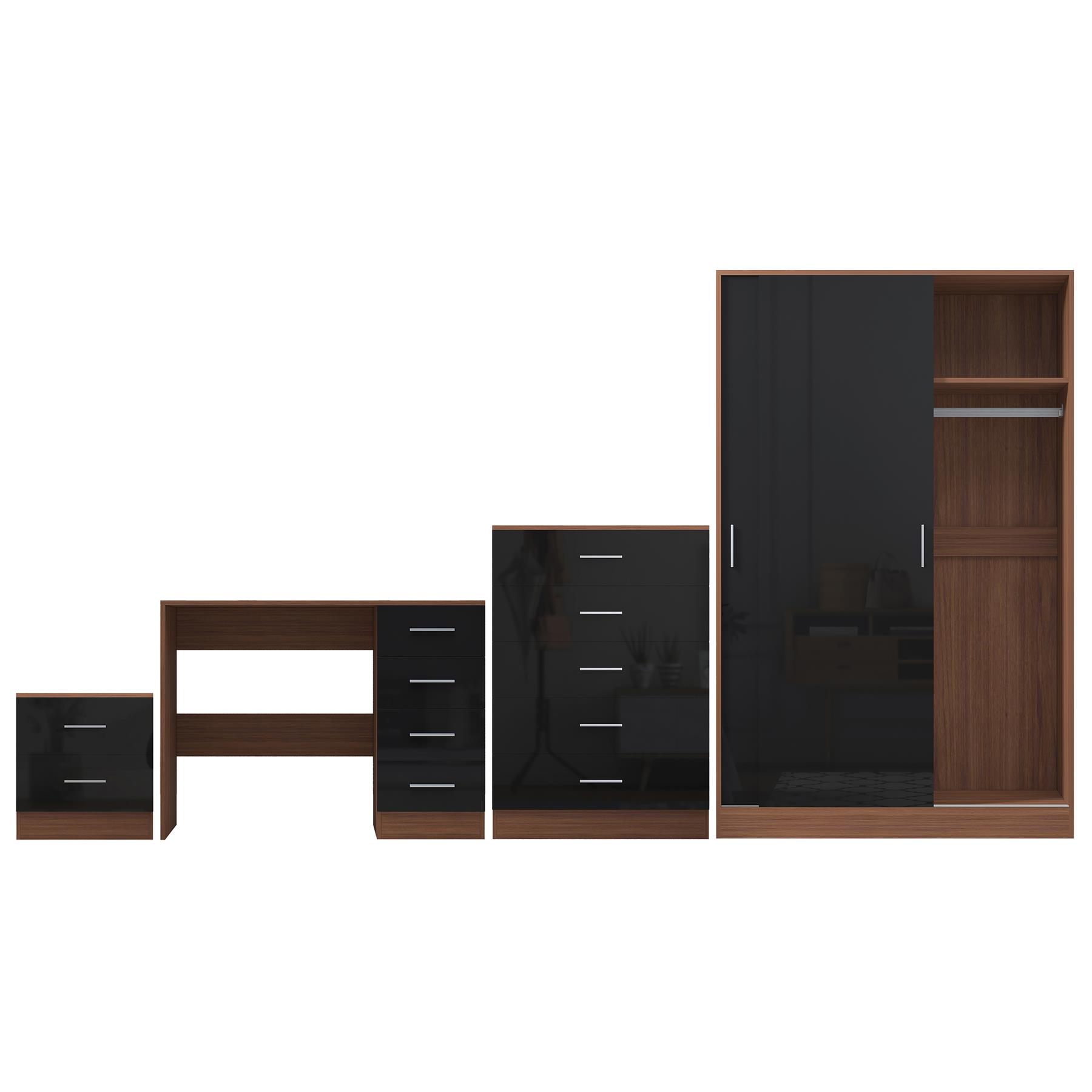 REFLECT Gloss 4pc Set - 2 Door Sliding Wardrobe + 5 Draw Chest + Bedside + Desk - Picture 17 of 41