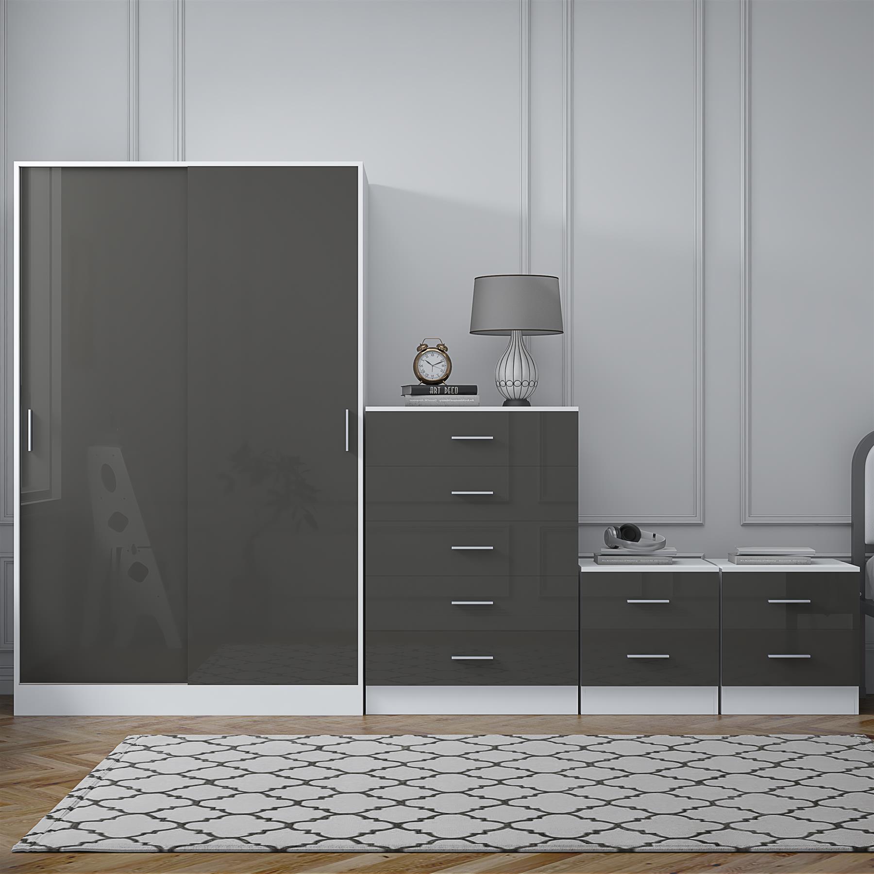 REFLECT Gloss 4pc Set - 2 Door Sliding Wardrobe + 5 Draw Chest + 2 Bedsides - Picture 25 of 41