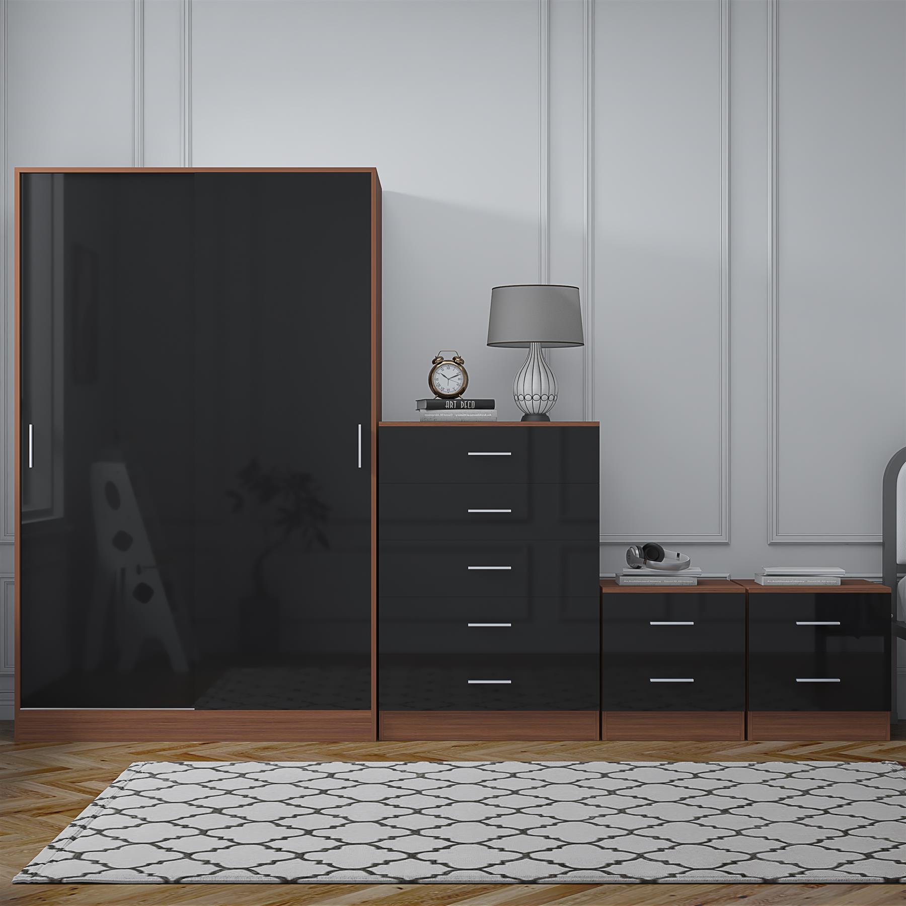 REFLECT Gloss 4pc Set - 2 Door Sliding Wardrobe + 5 Draw Chest + 2 Bedsides - Picture 15 of 41