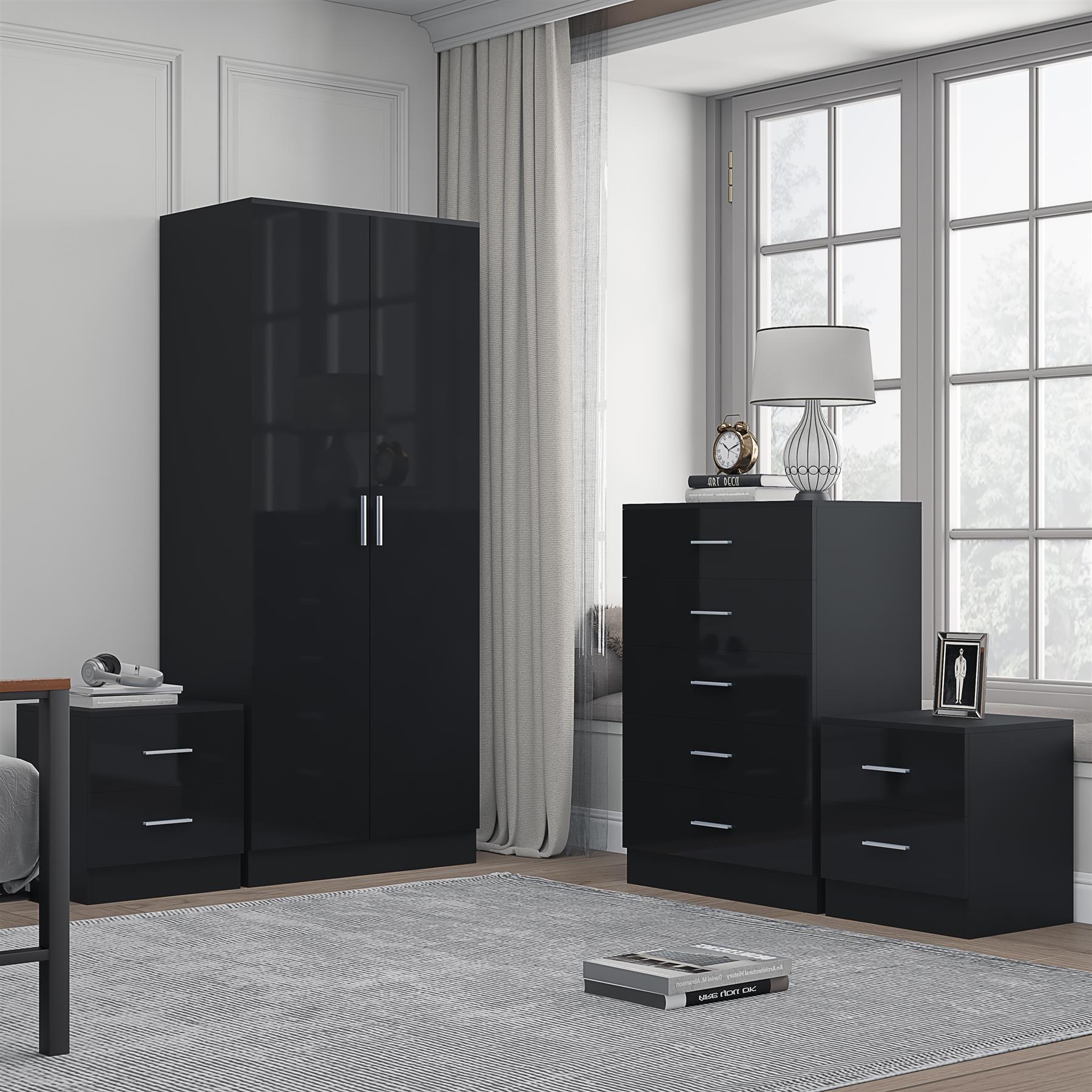 REFLECT Gloss 4pc Bedroom Set - 2 Door Wardrobe + 5 Draw Chest + 2 Bedsides - Picture 2 of 49
