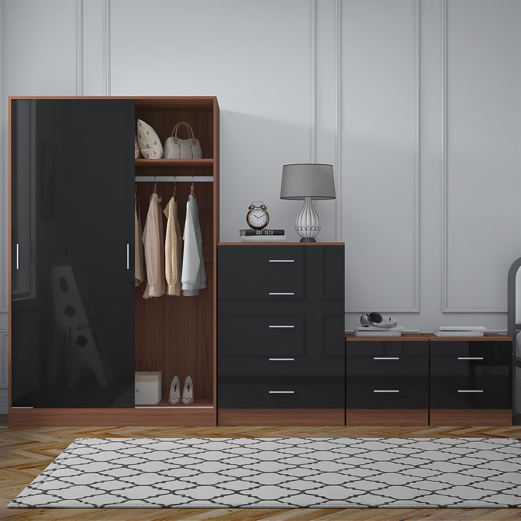 REFLECT Gloss 4pc Set - 2 Door Sliding Wardrobe + 5 Draw Chest + 2 Bedsides - Picture 14 of 41