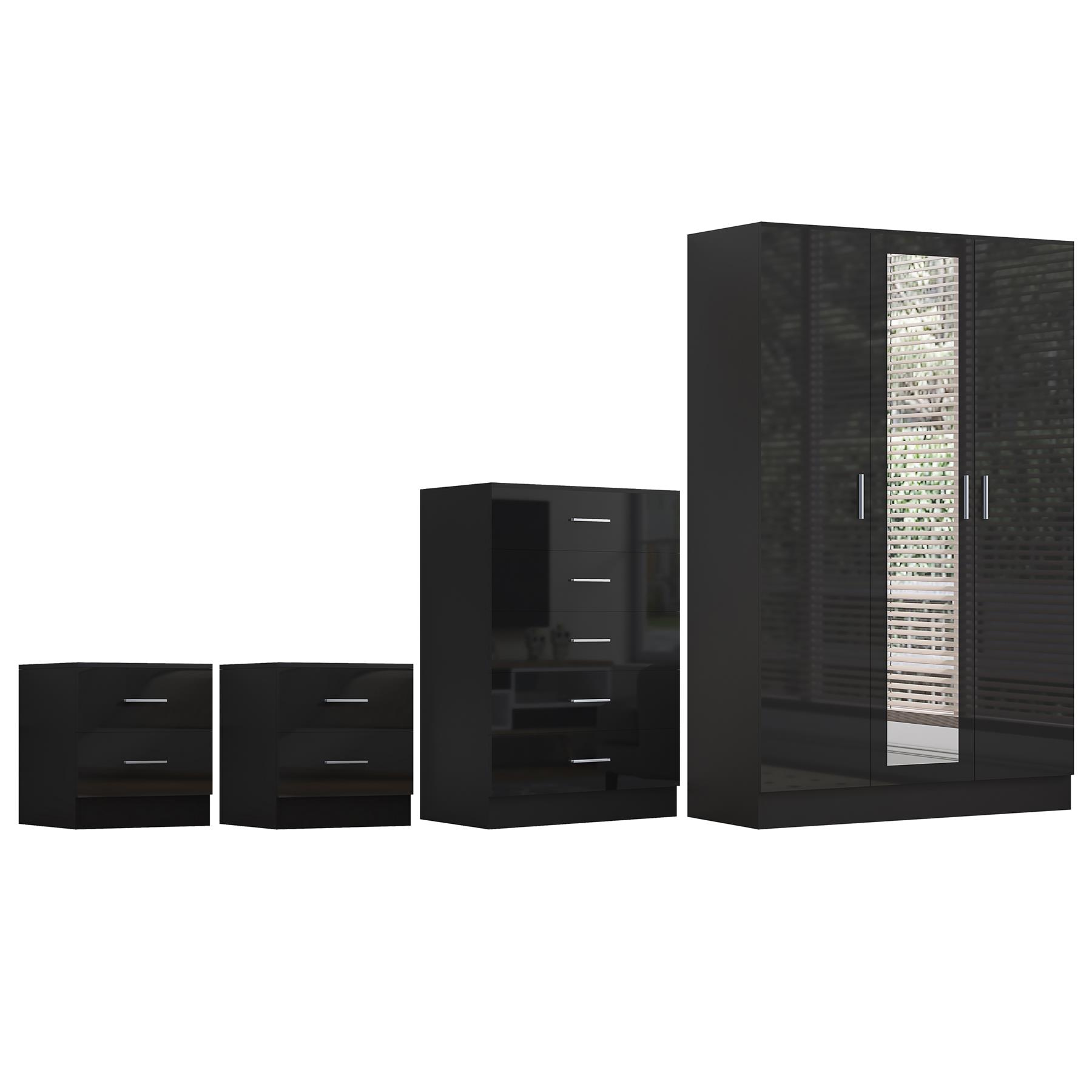REFLECT Gloss 4pc Set - 3 Door Mirrored Wardrobe + 5 Draw Chest + 2 Bedsides - Picture 12 of 52