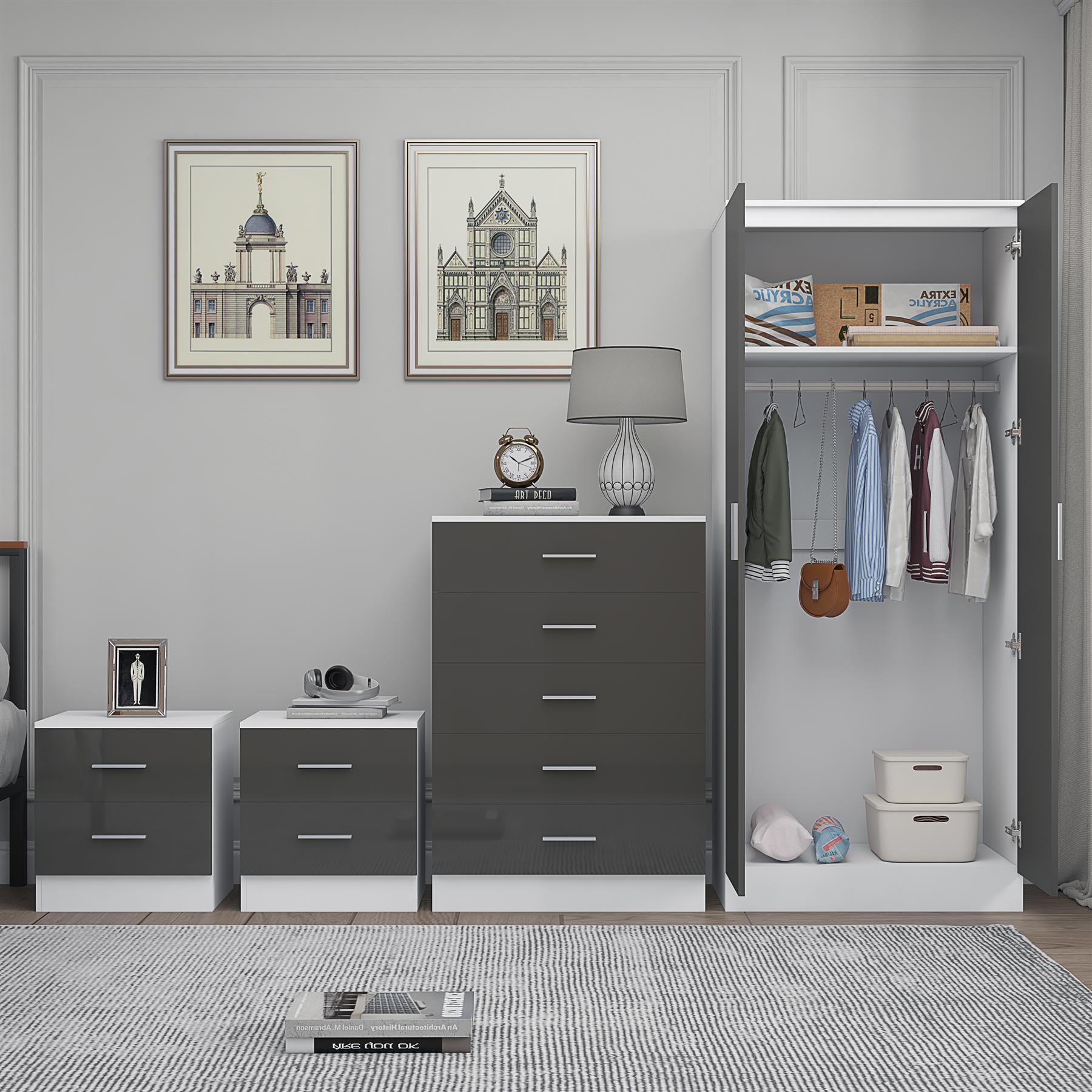 REFLECT Gloss 4pc Bedroom Set - 2 Door Wardrobe + 5 Draw Chest + 2 Bedsides - Picture 29 of 49
