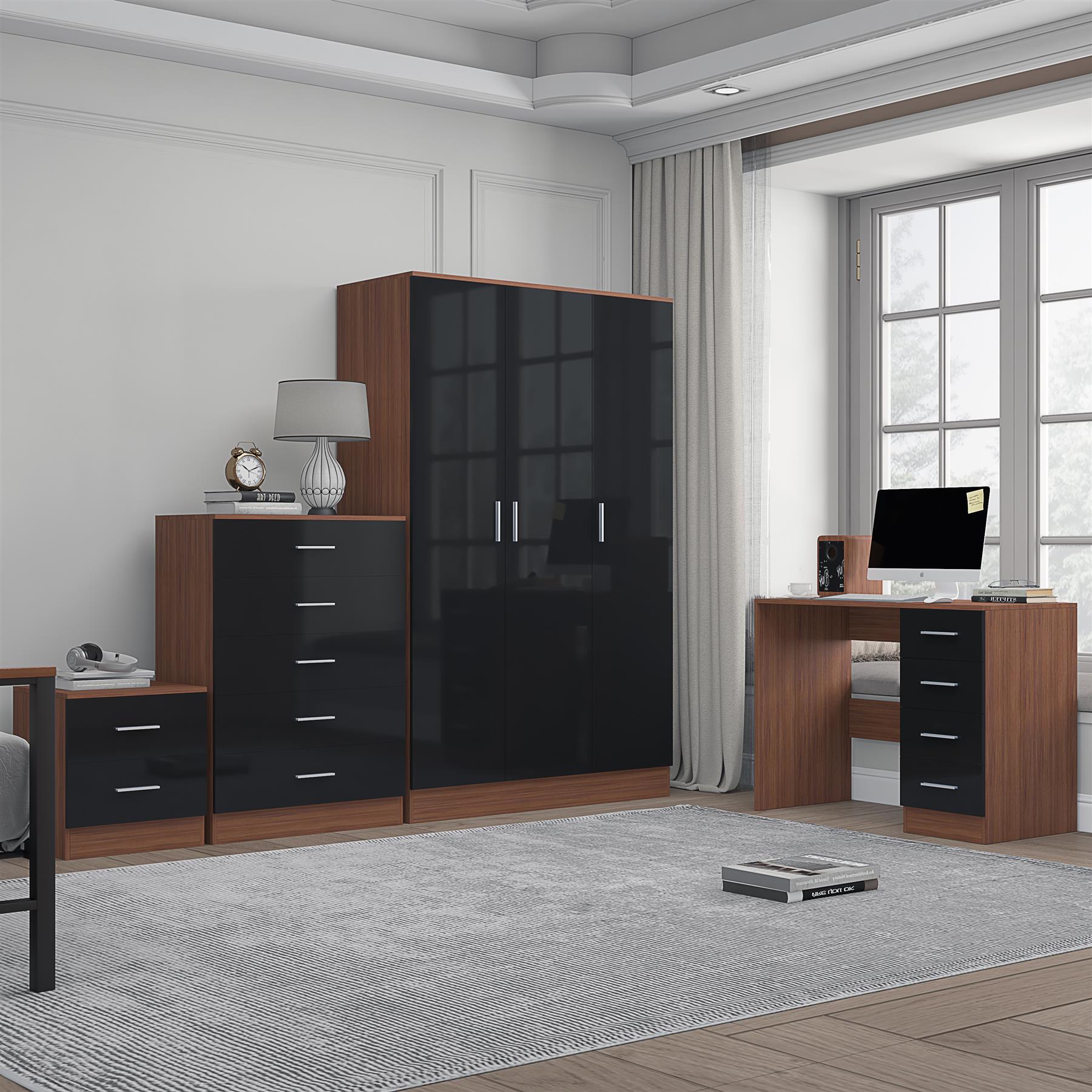 REFLECT Gloss 4pc Bedroom Set - 3 Door Wardrobe + Tall Chest + Bedside + Desk - Picture 12 of 41