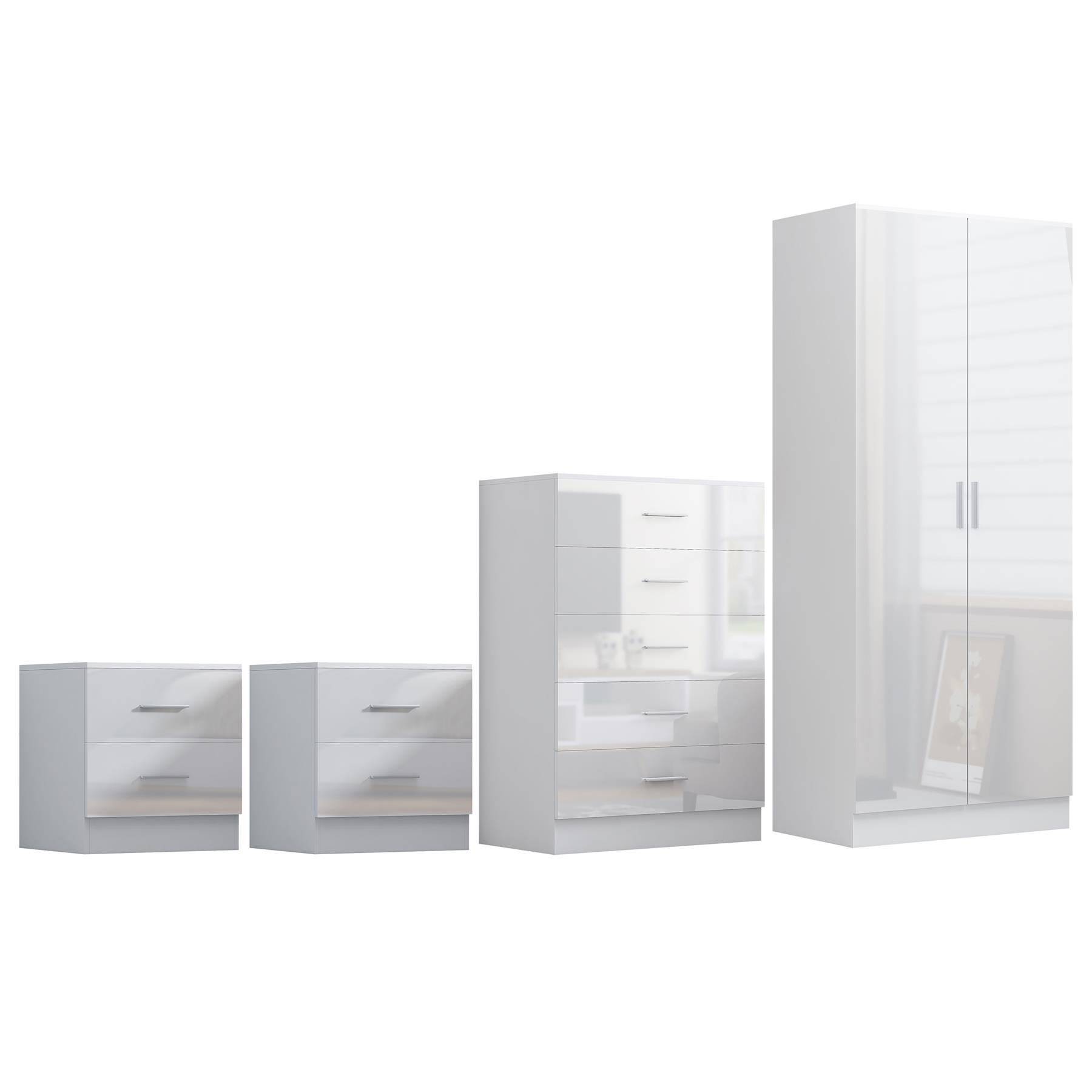 REFLECT Gloss 4pc Bedroom Set - 2 Door Wardrobe + 5 Draw Chest + 2 Bedsides - Picture 43 of 49