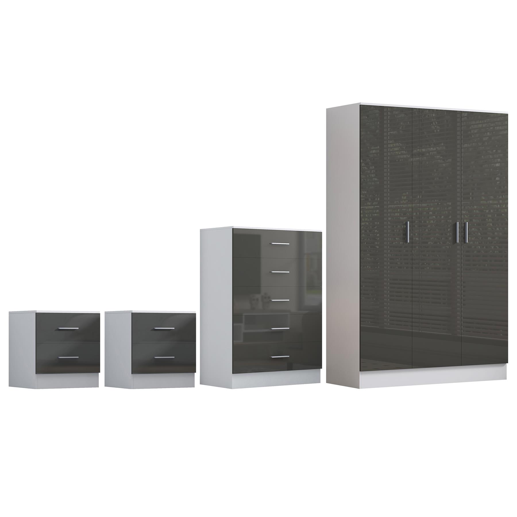 REFLECT Gloss 4pc Bedroom Set - 3 Door Wardrobe + 5 Draw Chest + 2 Bedsides - Picture 33 of 52