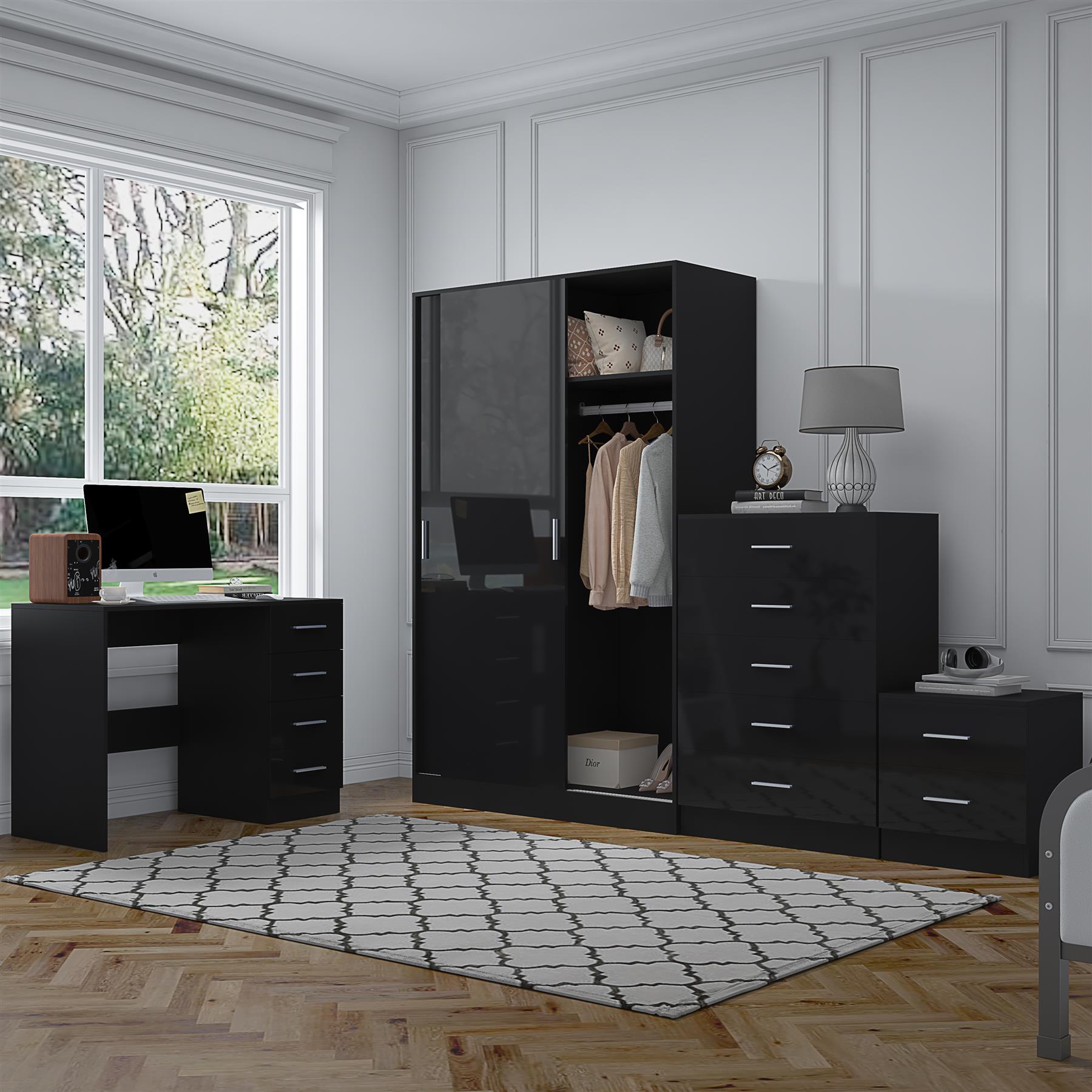 REFLECT Gloss 4pc Set - 2 Door Sliding Wardrobe + 5 Draw Chest + Bedside + Desk - Picture 2 of 41