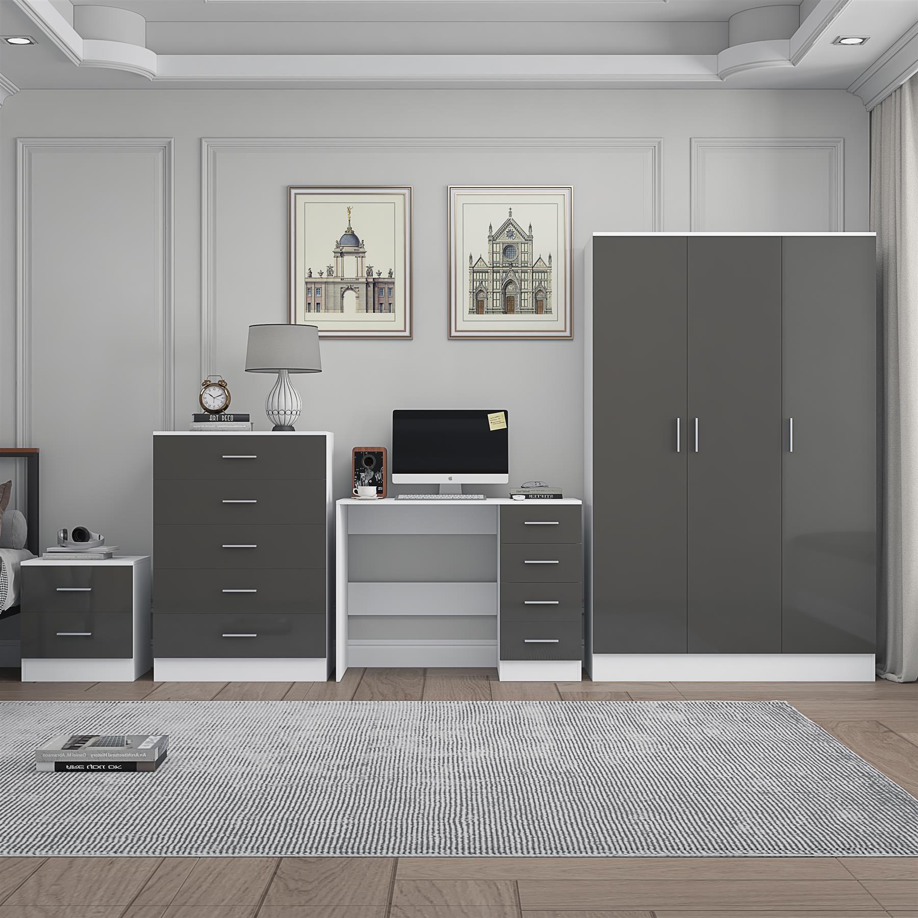REFLECT Gloss 4pc Bedroom Set - 3 Door Wardrobe + Tall Chest + Bedside + Desk - Picture 24 of 41