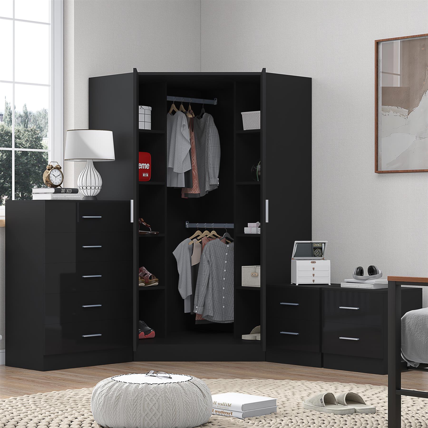 REFLECT Gloss 4pc Set - 2 Door Corner Wardrobe + 5 Draw Chest + 2 Bedsides - Picture 3 of 41