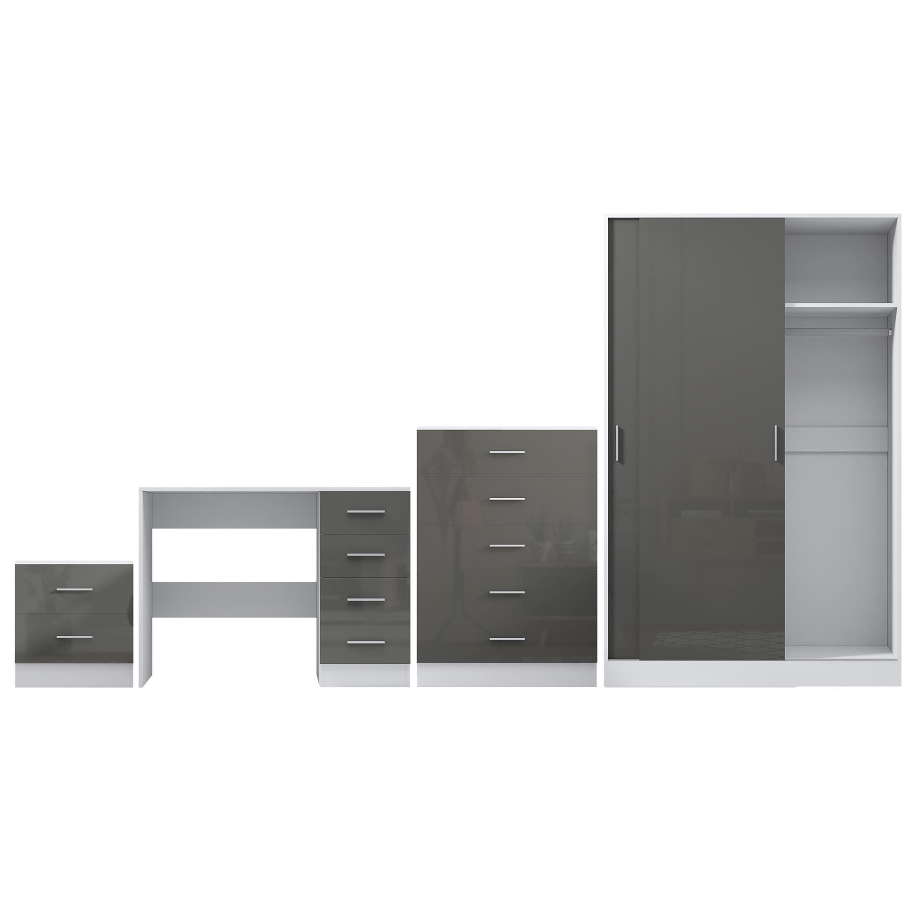 REFLECT Gloss 4pc Set - 2 Door Sliding Wardrobe + 5 Draw Chest + Bedside + Desk - Picture 27 of 41