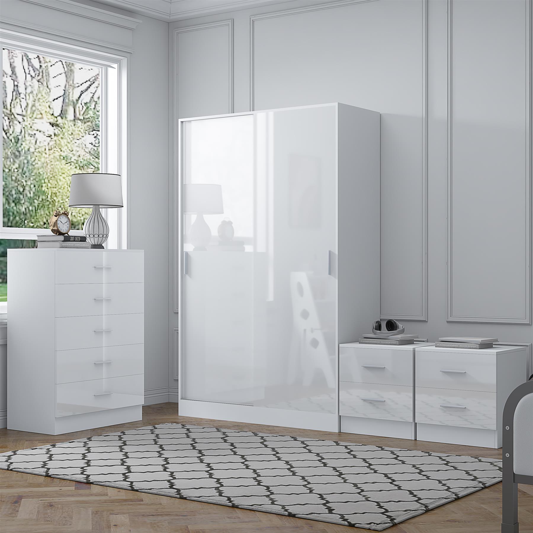 REFLECT Gloss 4pc Set - 2 Door Sliding Wardrobe + 5 Draw Chest + 2 Bedsides - Picture 33 of 41