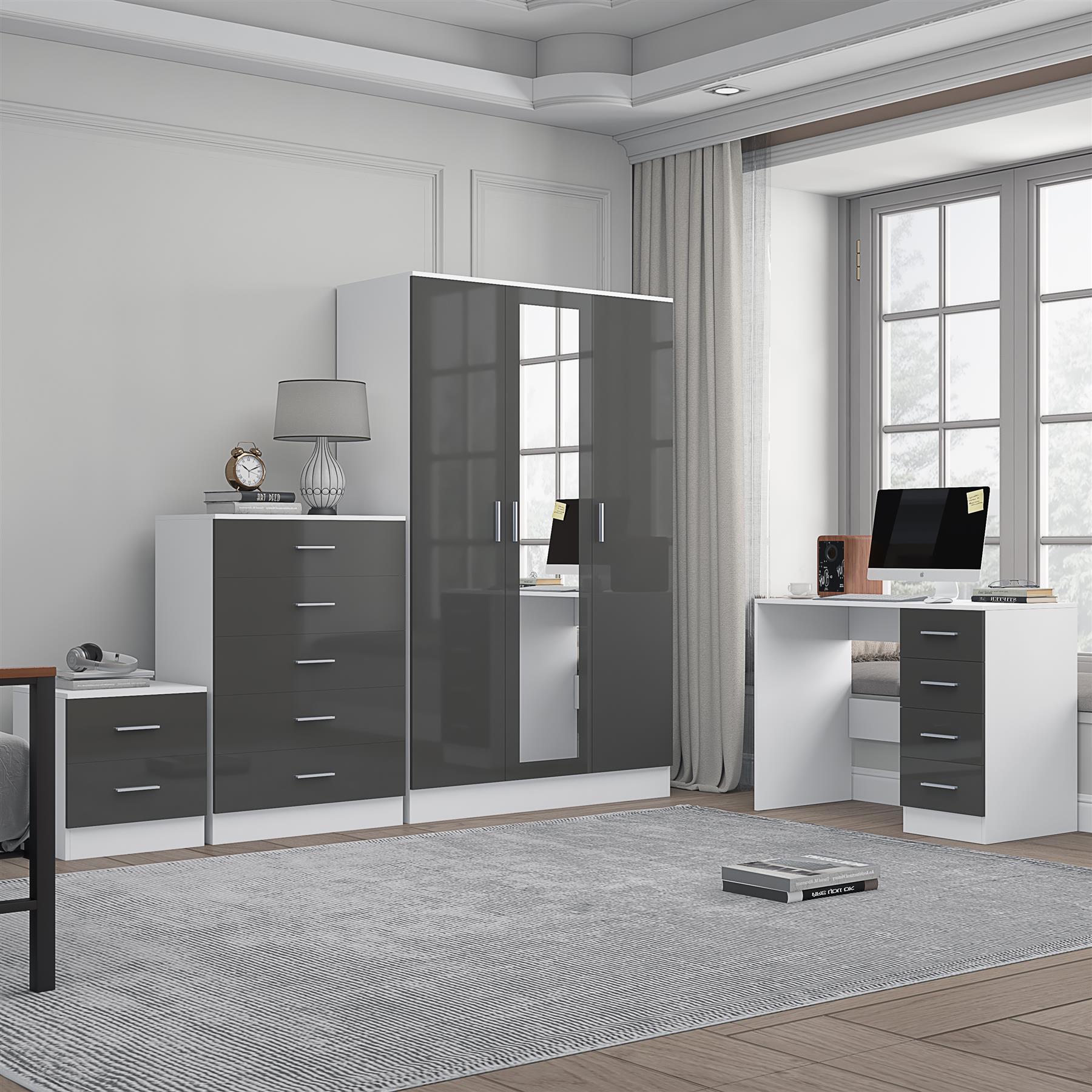 REFLECT Gloss 4pc Set - 3 Door Mirrored Wardrobe + 5 Draw Chest + Bedside + Desk - Picture 30 of 53