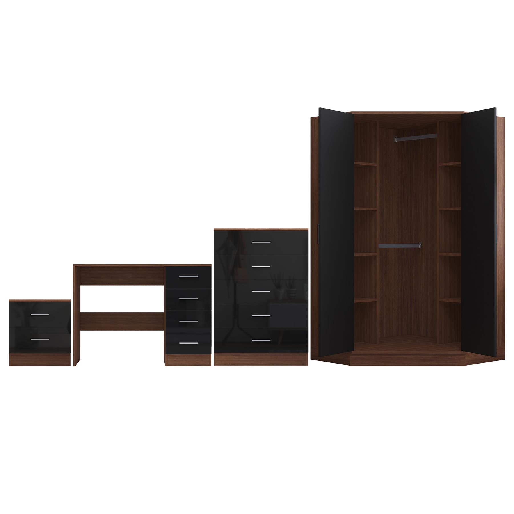 REFLECT Gloss 4pc Set - 2 Door Corner Wardrobe + 5 Draw Chest + Bedside + Desk - Picture 17 of 41